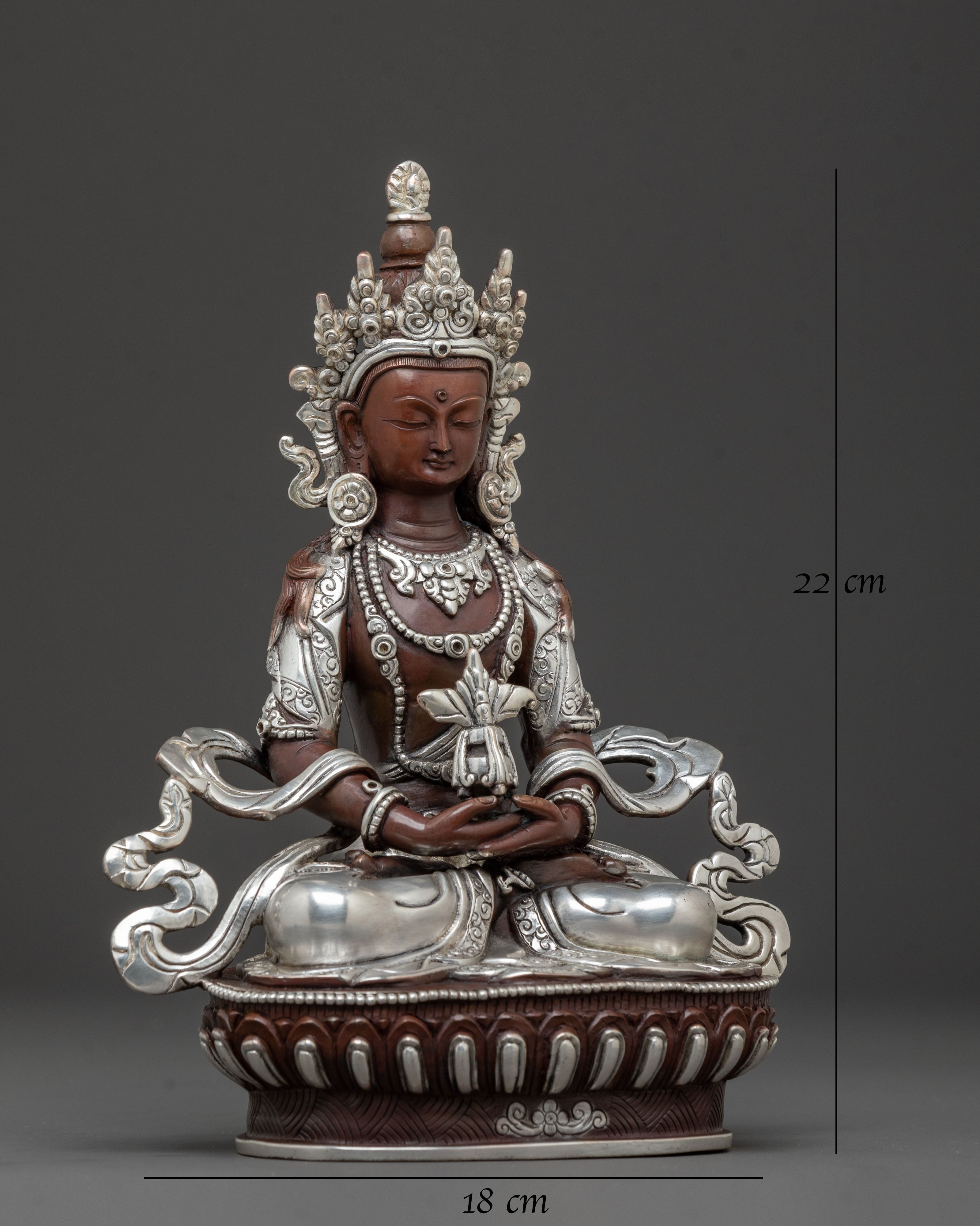 Amitayus Buddhist Statue | Oxidized Copper Statue with Silver Plated