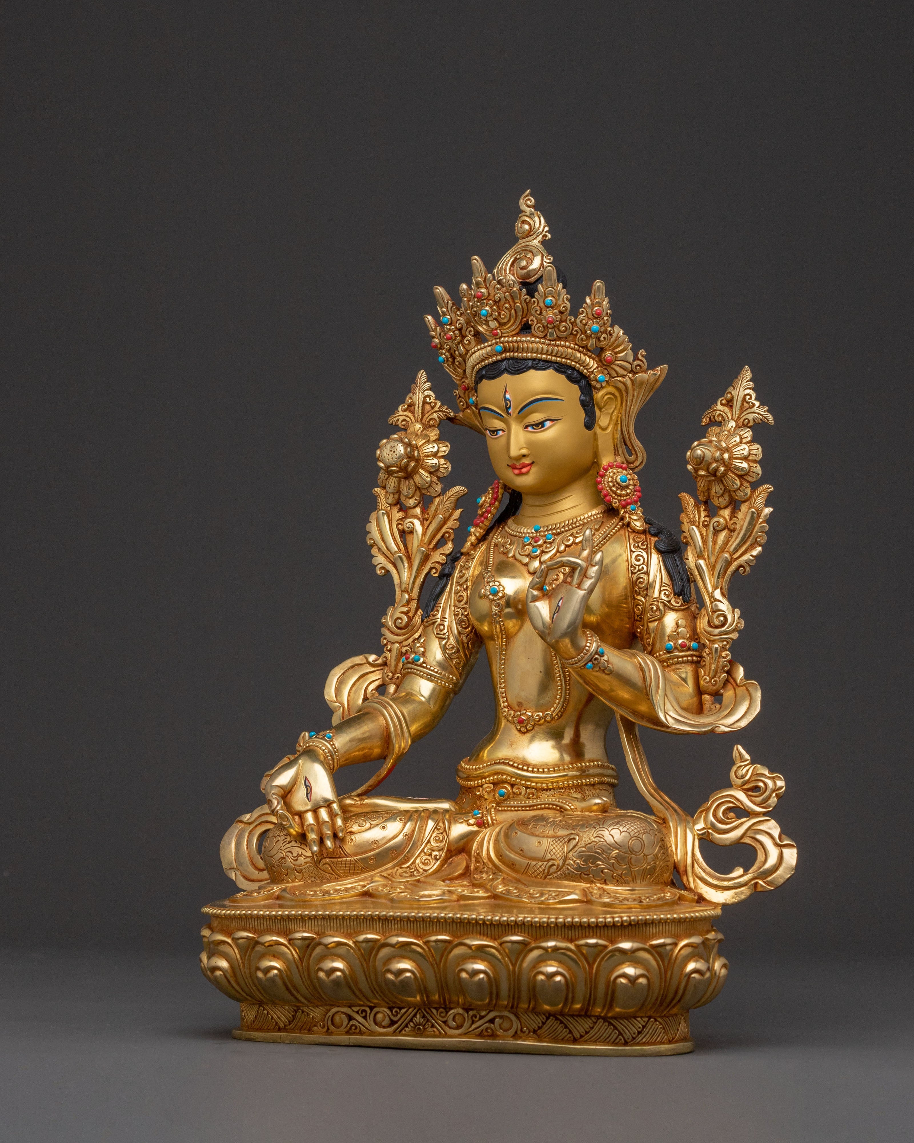 Radiant White Tara Blessing Statue - 24K Gold Gilded Copper