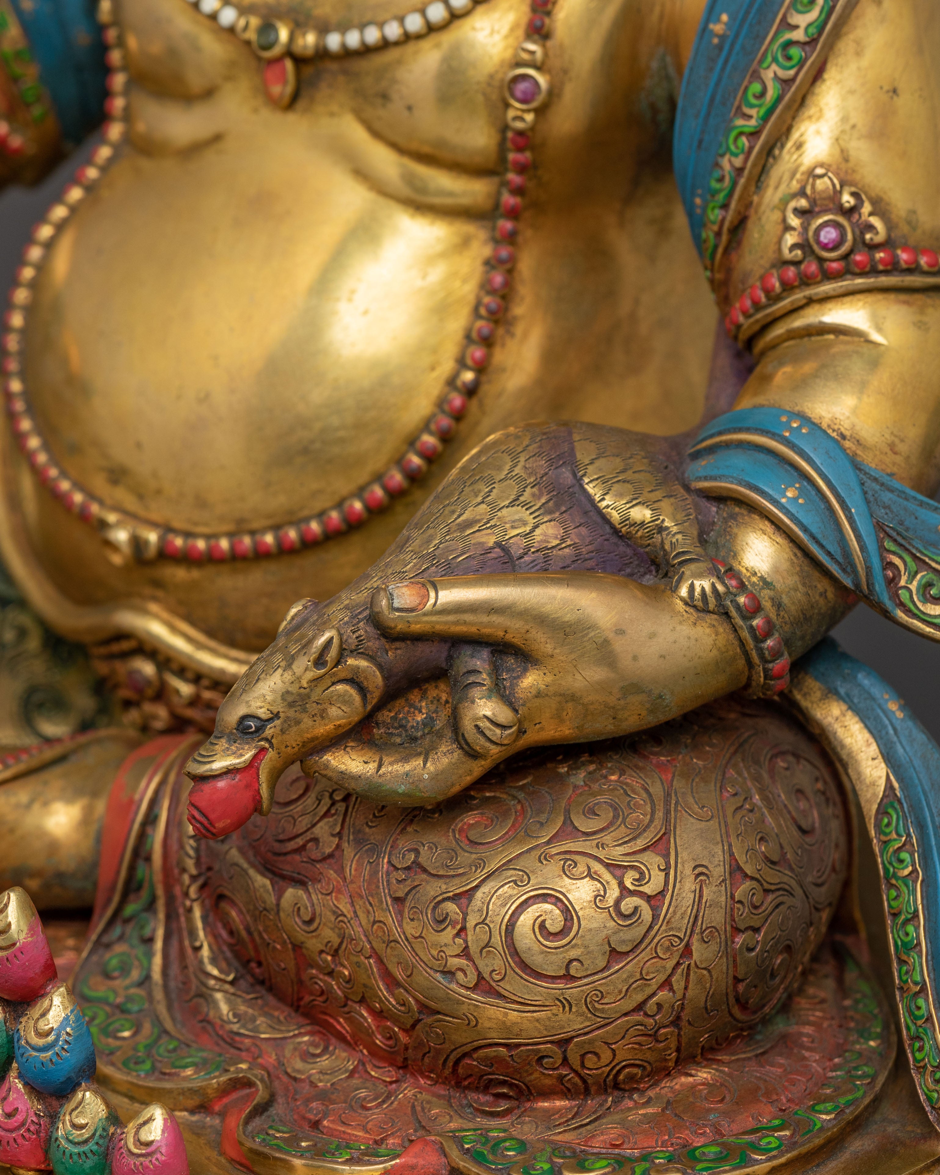Divine Statue of Dzambhala on Throne: 24K Gold Gilded Masterpiece