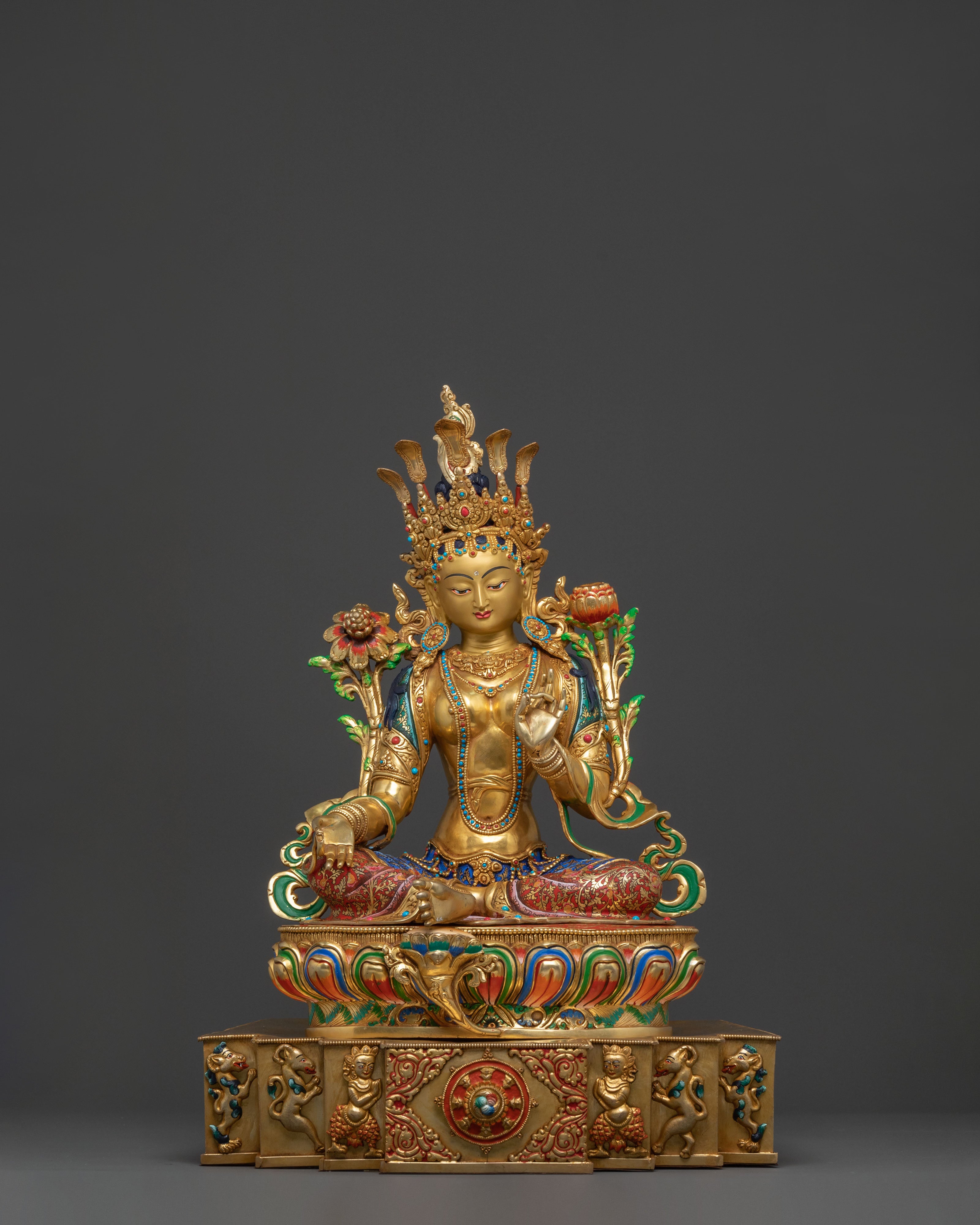 Green Tara Sculpture on Throne | Goddess of Compassion