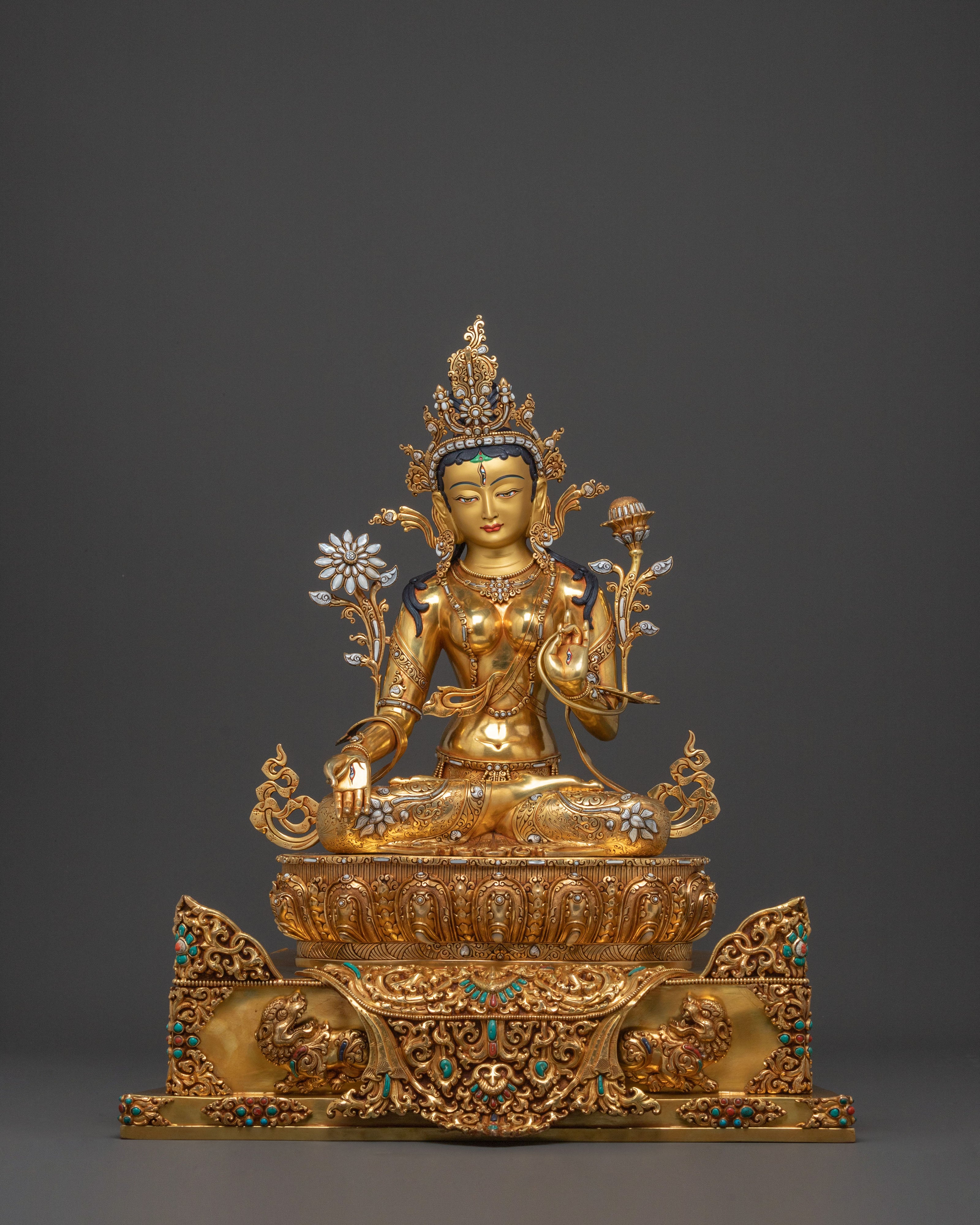 Exquisite 24K Gold Gilded White Tara Statue Seated on Throne