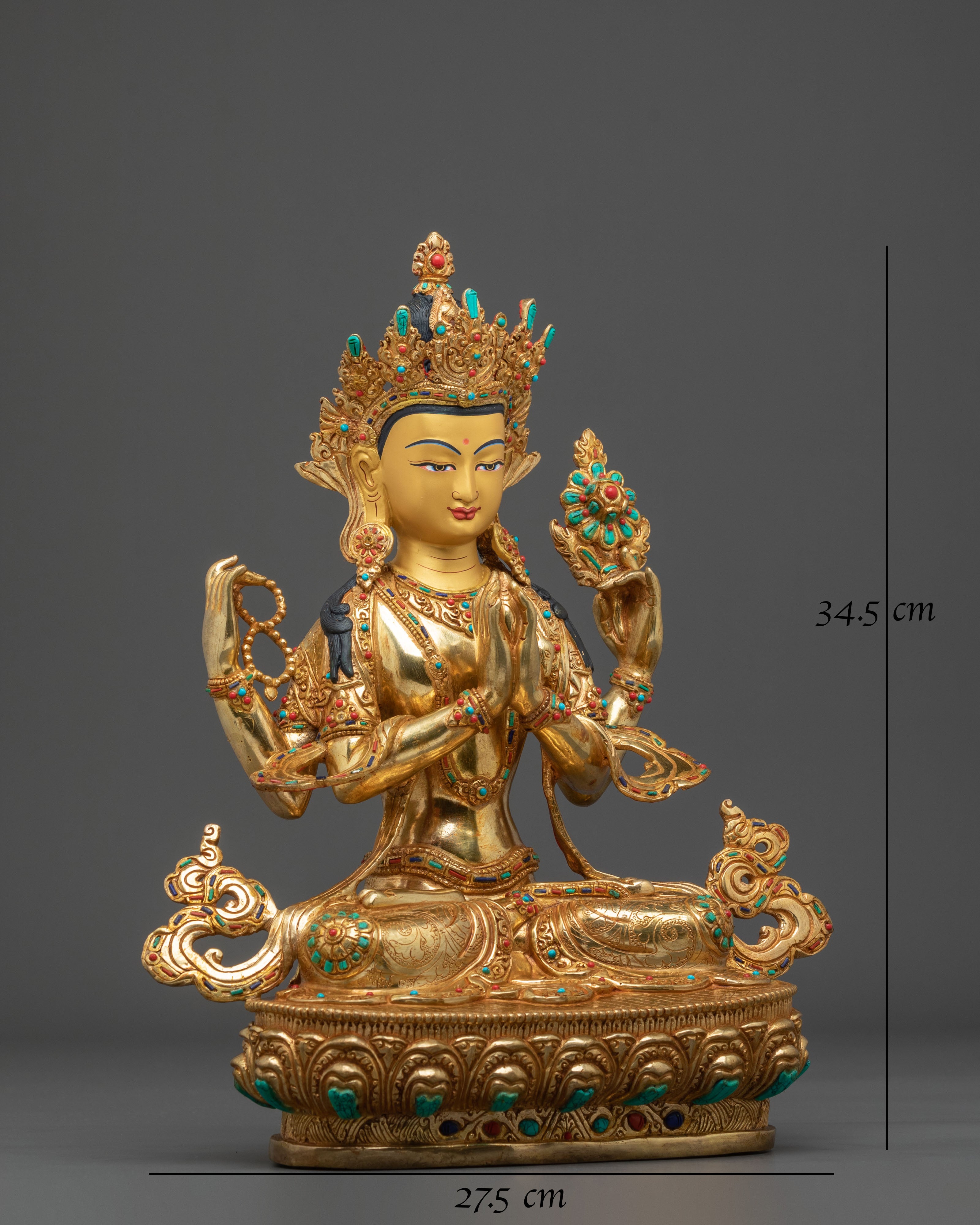 Radiant 24K Gold Gilded Chenrezig Statue: Bodhisattva of Compassion