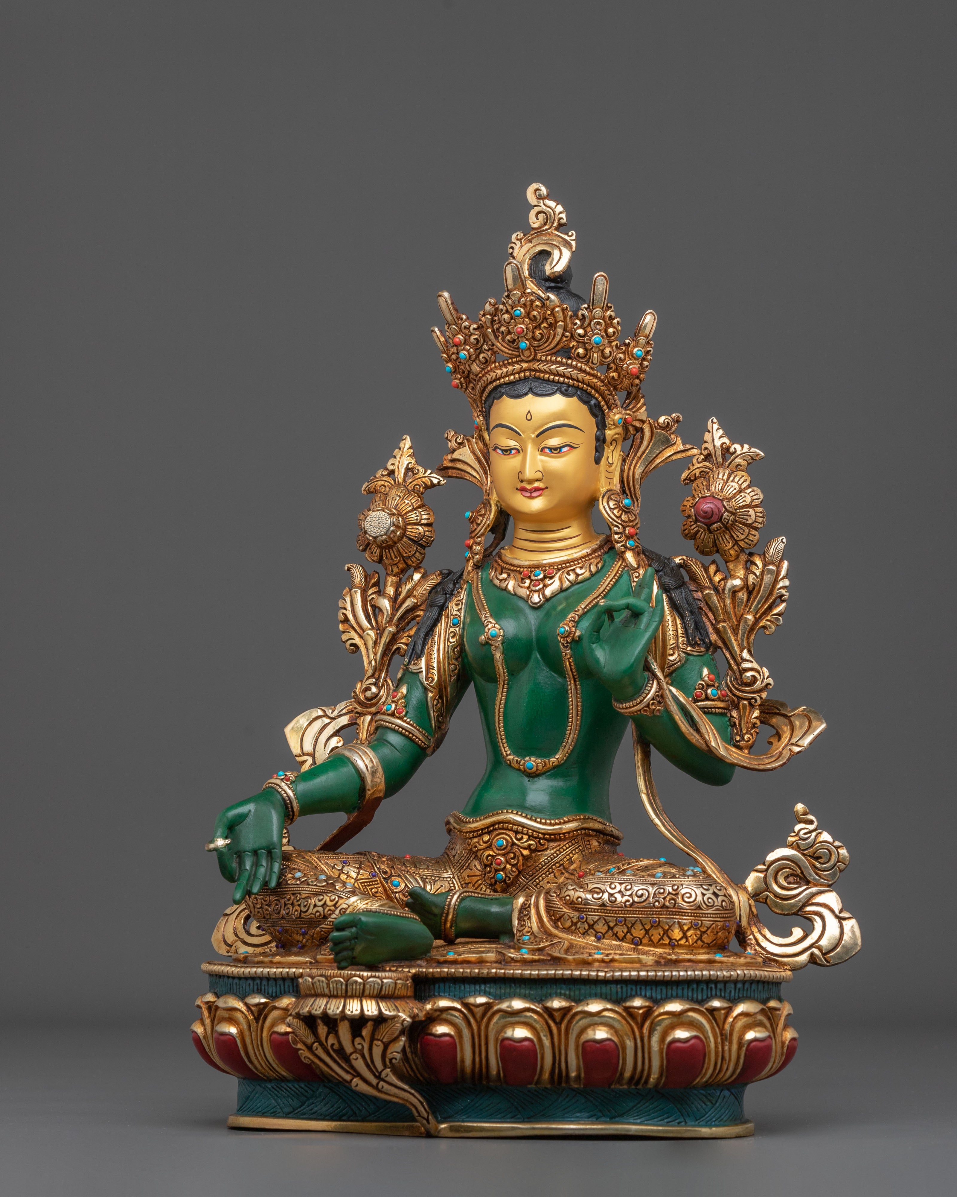 Green Tara Statue | Divine Compassionate Figurine in 24K Gold