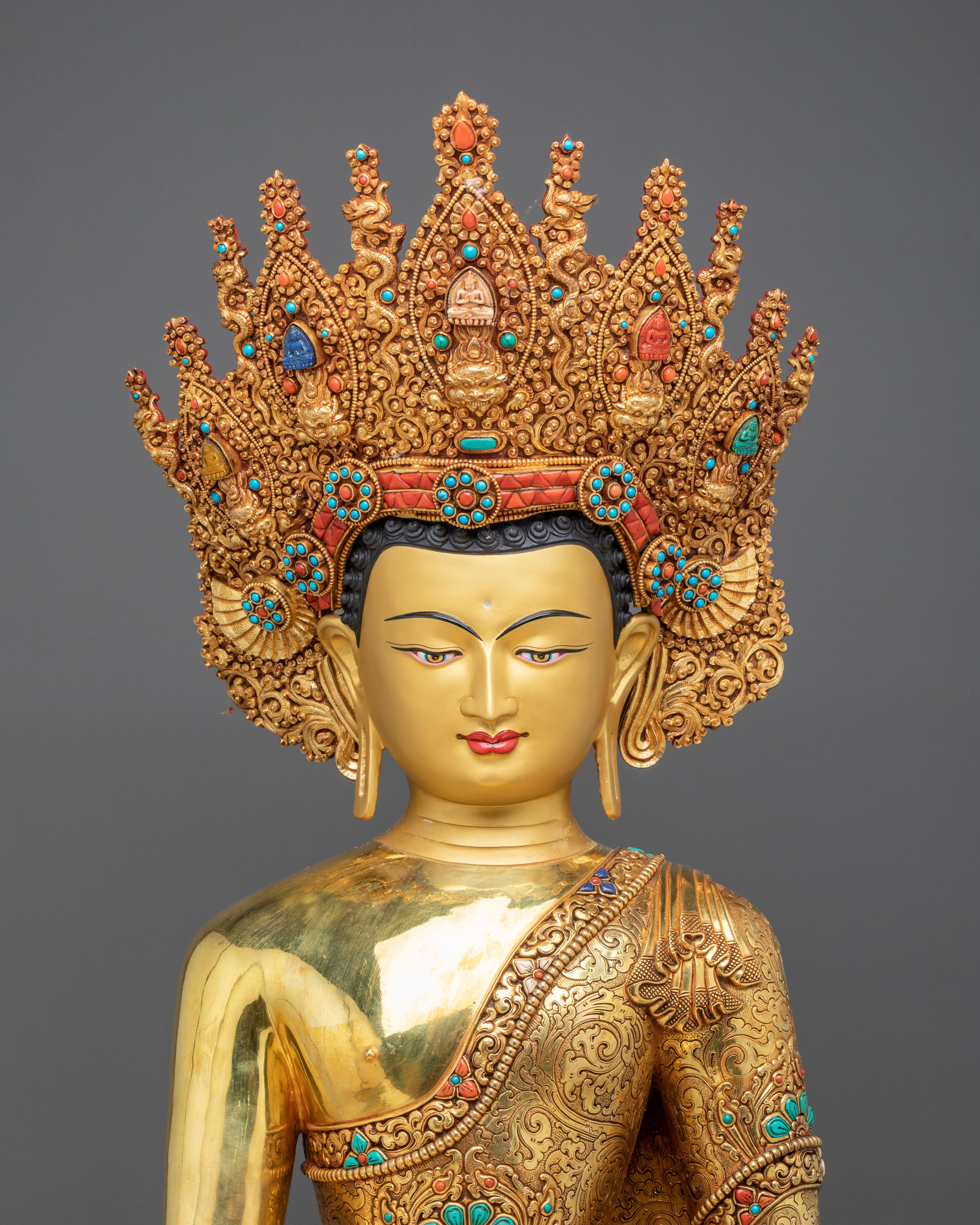 Crown Shakyamuni Buddha Figurine | 24K Gold-Gilded Buddha Statue