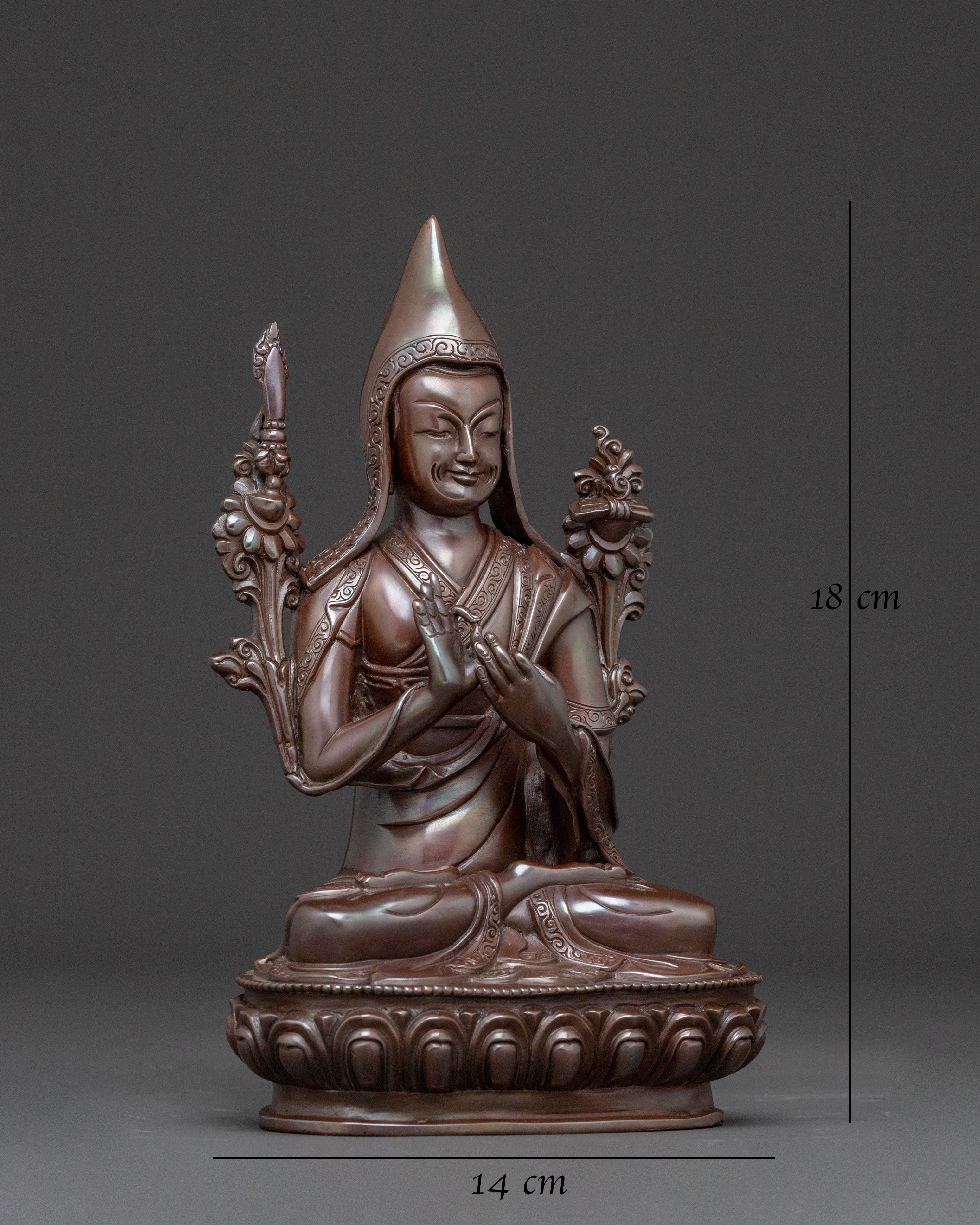 Tsongkhapa Copper Statue with Disciples: Oxidized Finish