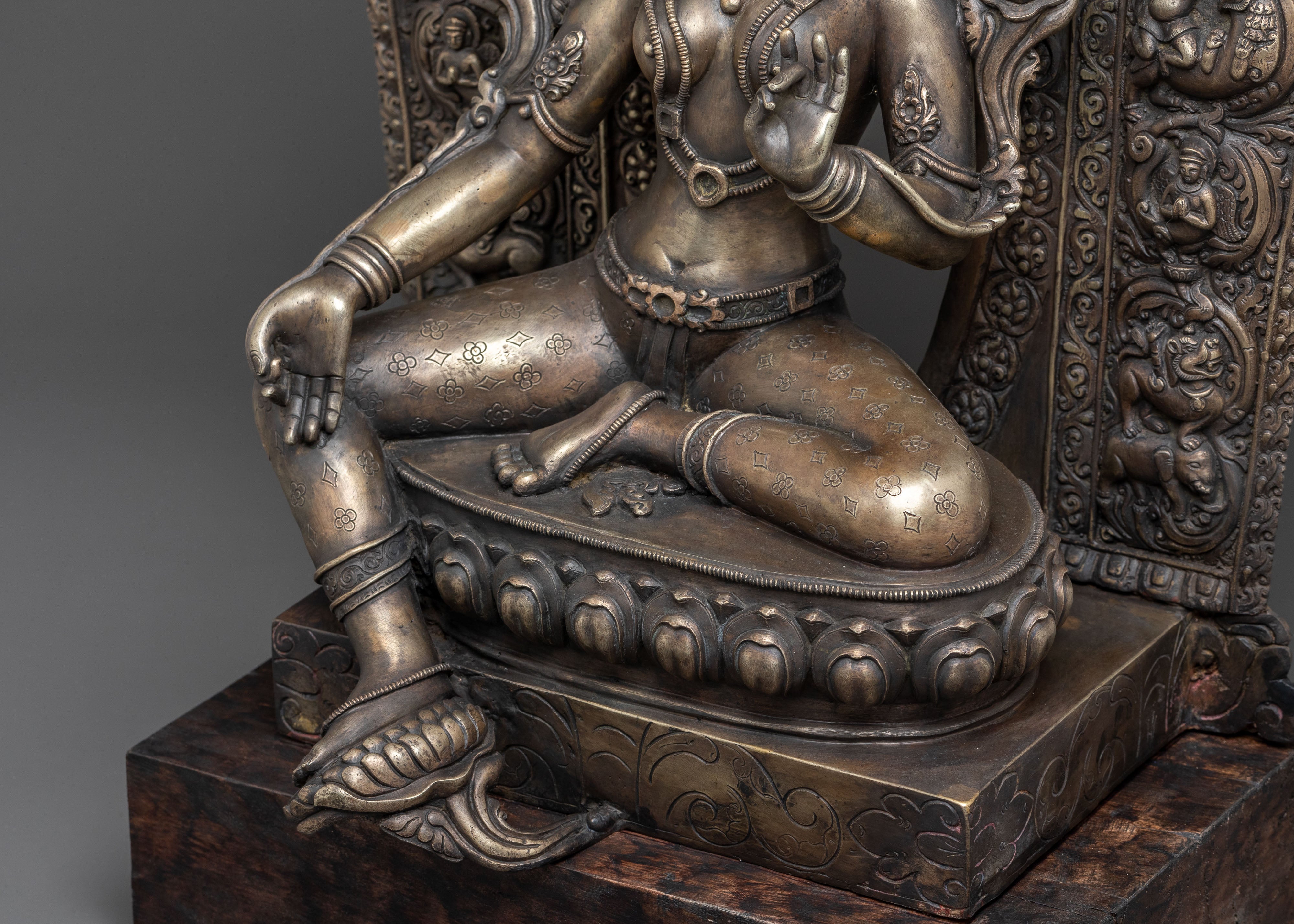 Green Tara Statue | Bronze Figure with Wooden Base