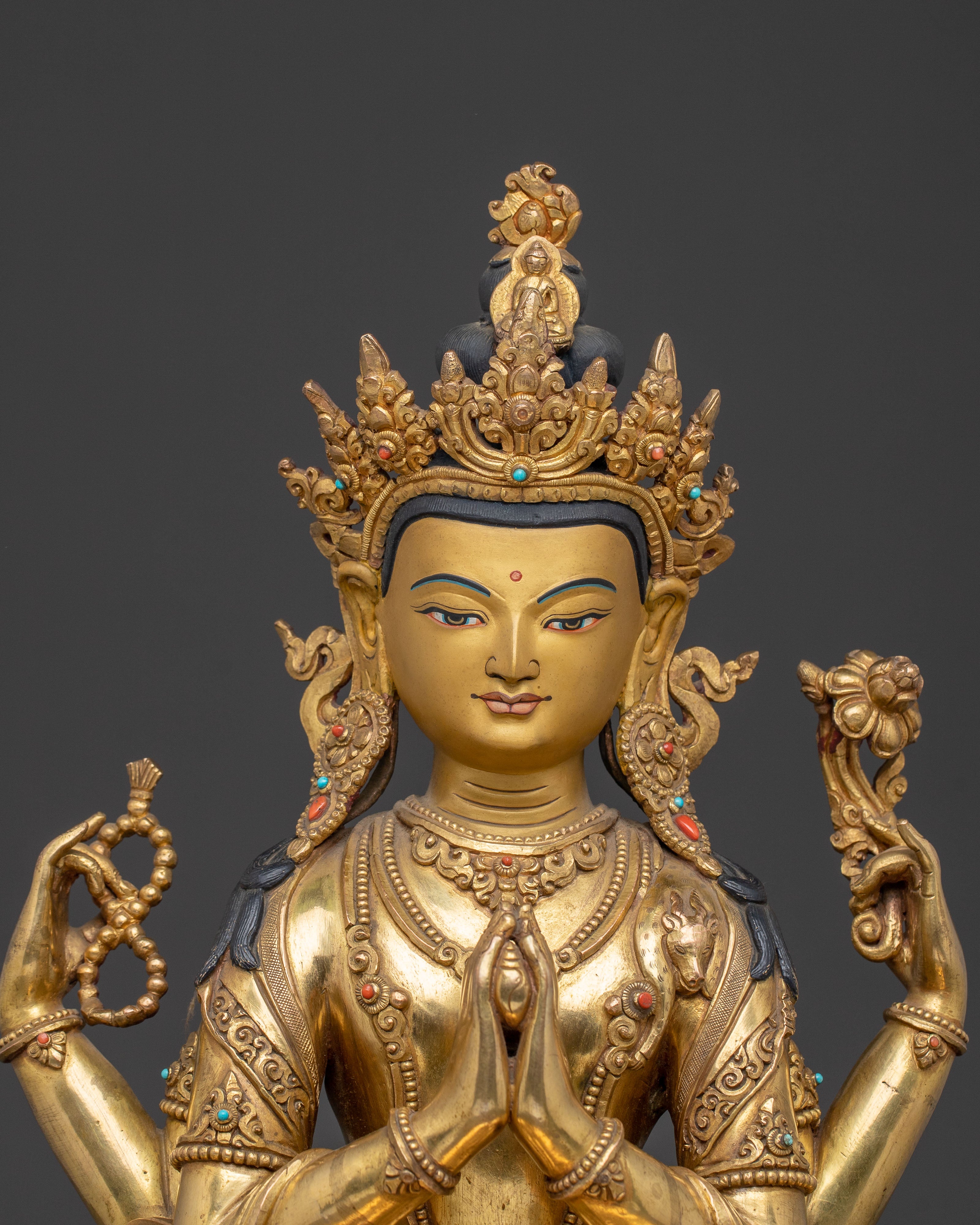 Handcrafted Chenrezig Golden Statue | Tibetan Bodhisattva of Compassion