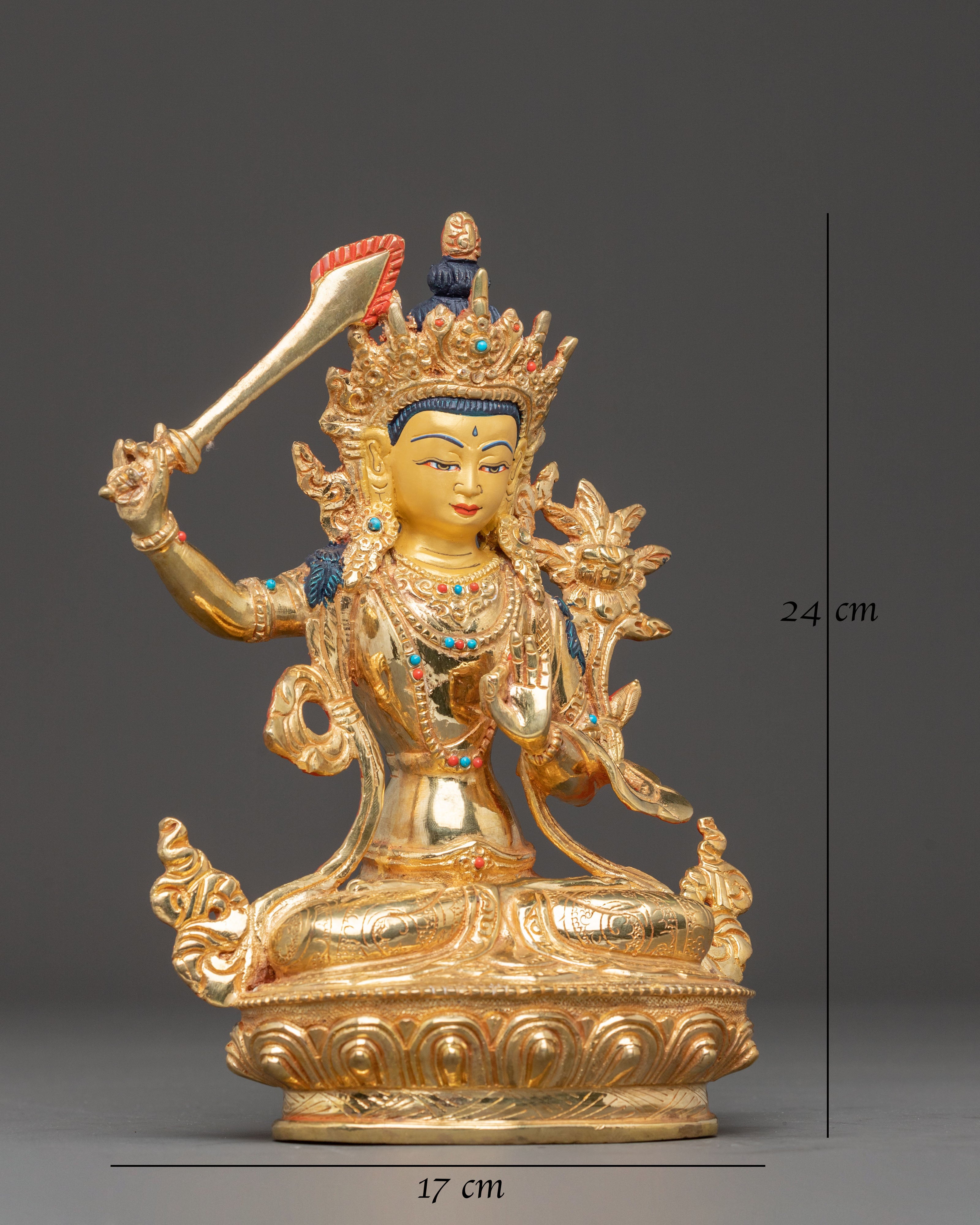 Handmade Golden Manjushri Copper Statue | Symbol of Wisdom