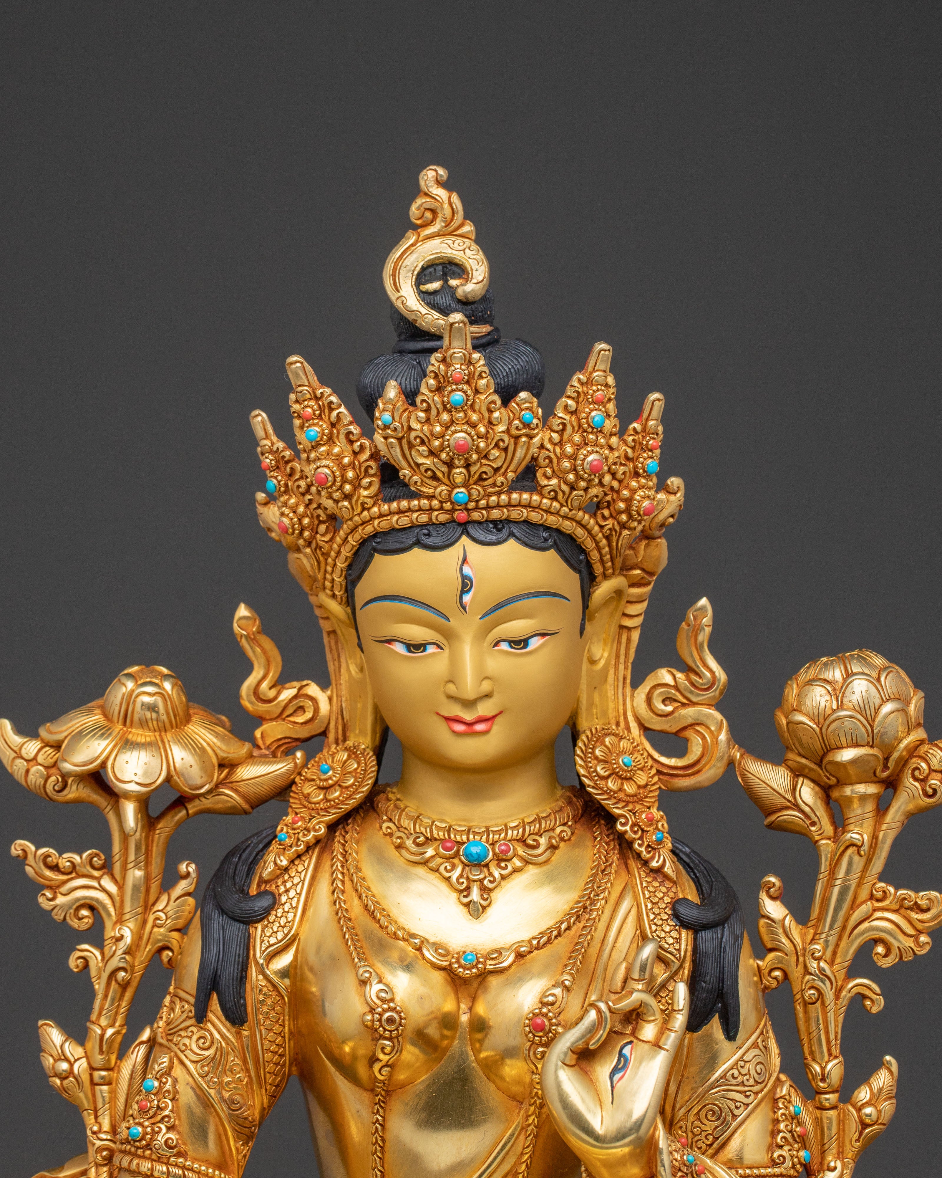 Nepalese White Tara Copper Statue | 24k Gold-Gilded Serenity