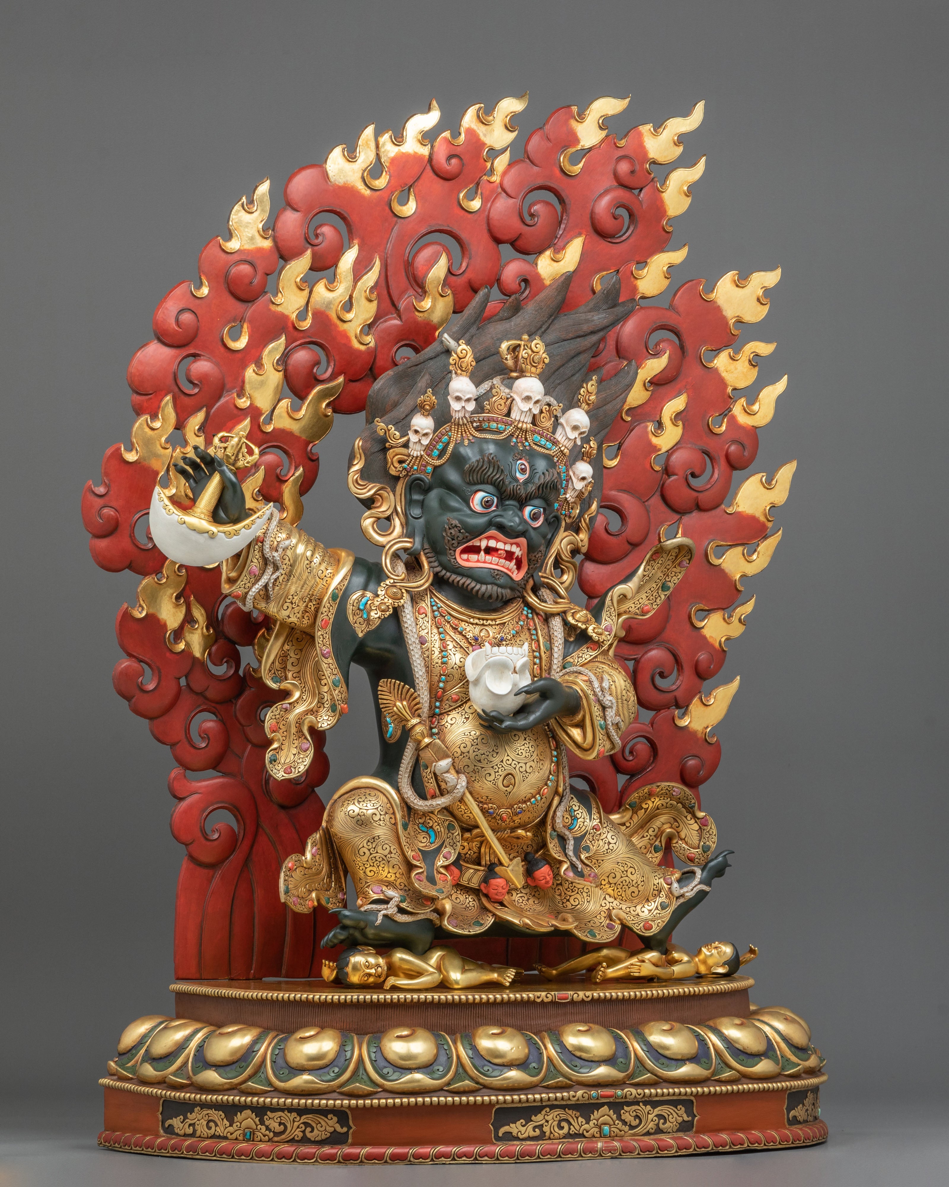 Mahakala Bernakchen Sacred Tibetan Sculpture | Gemstone-Adorned Copper Statue