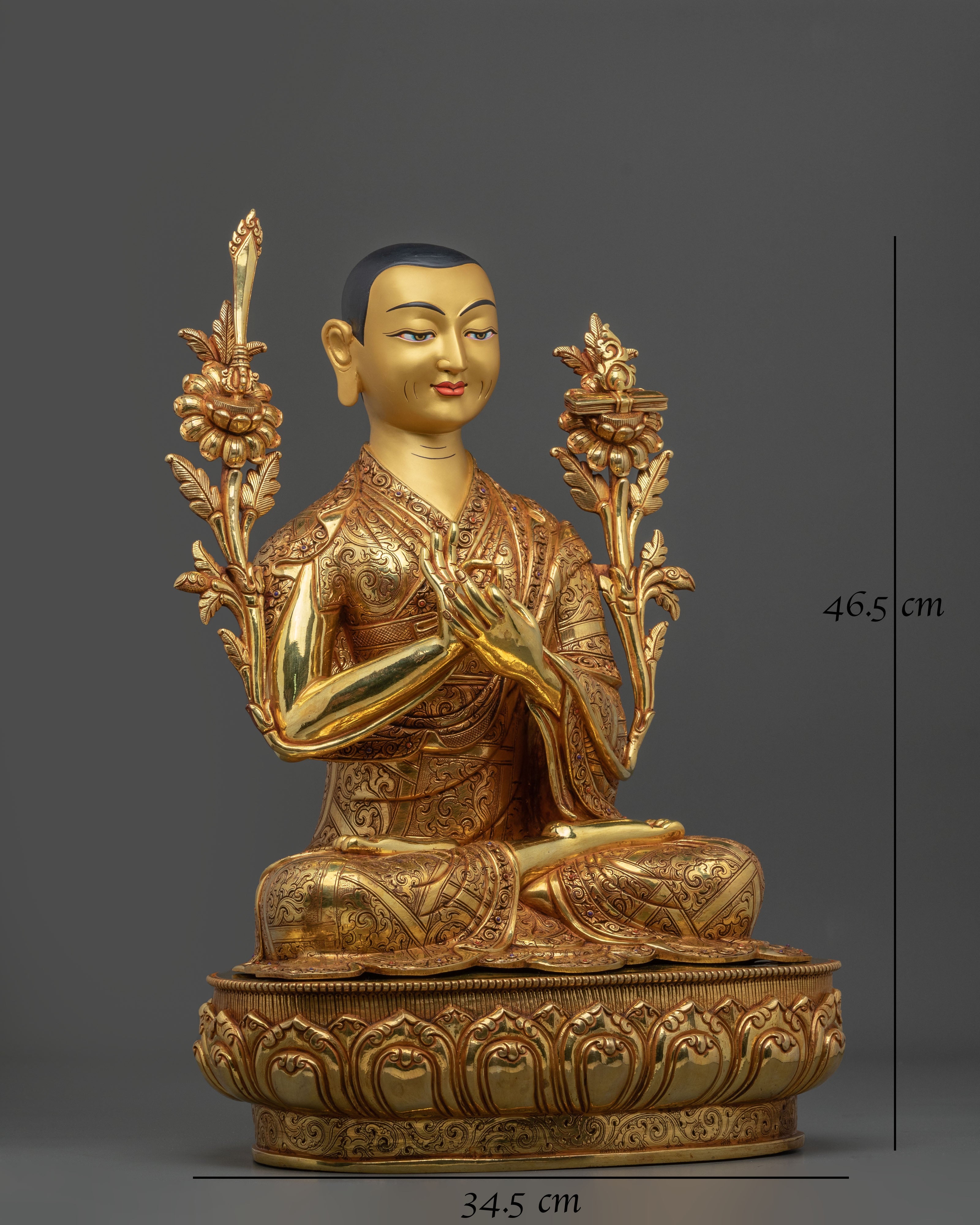 Tsongkhapa with Two Disciples Altar Sculpture | 24K Gold Glided
