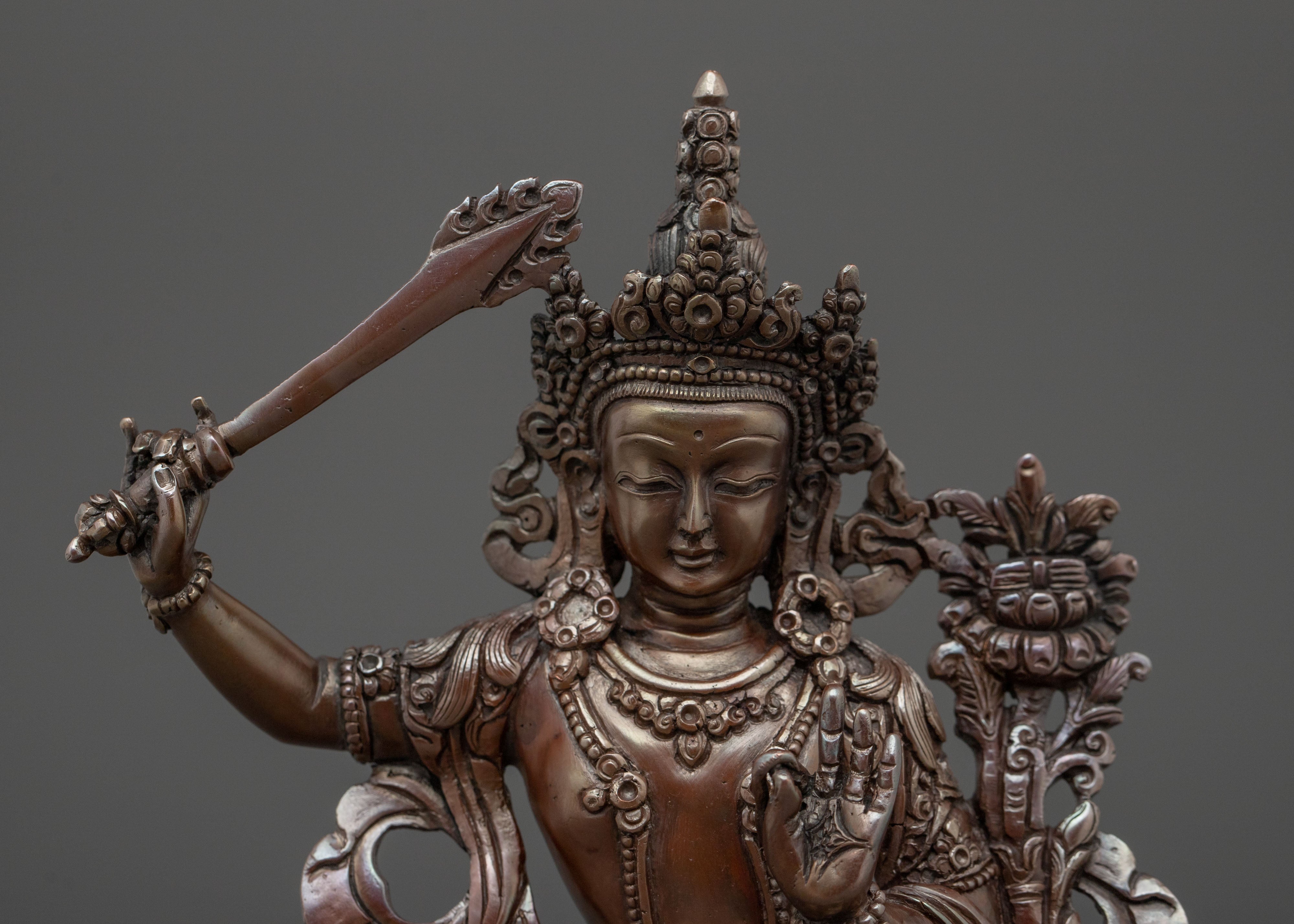 Manjushri Tibetan Buddhist Sculpture in Oxidized Copper