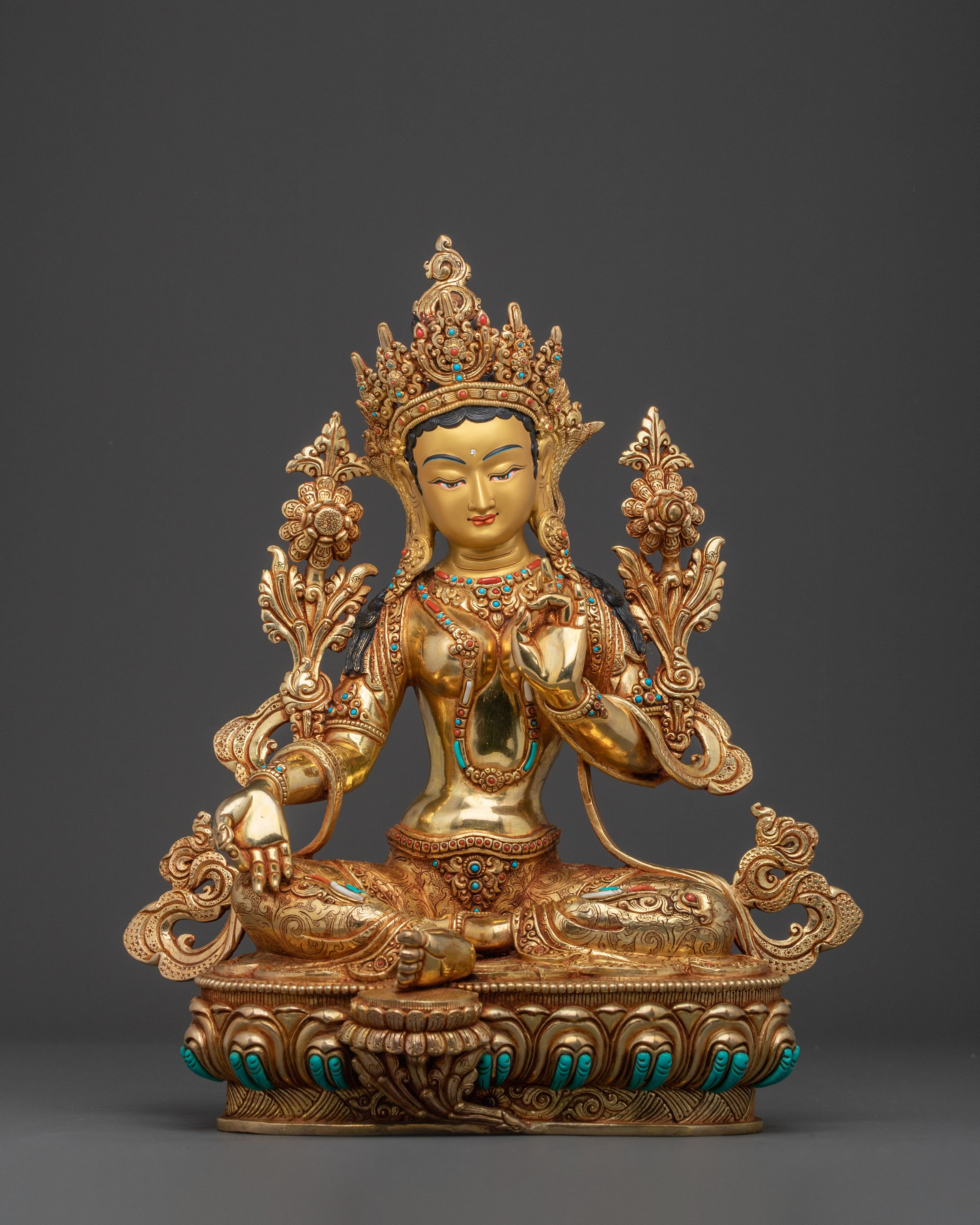 Handcrafted Green Tara Spiritual Statue | Exquisite 24K Gold Gilded