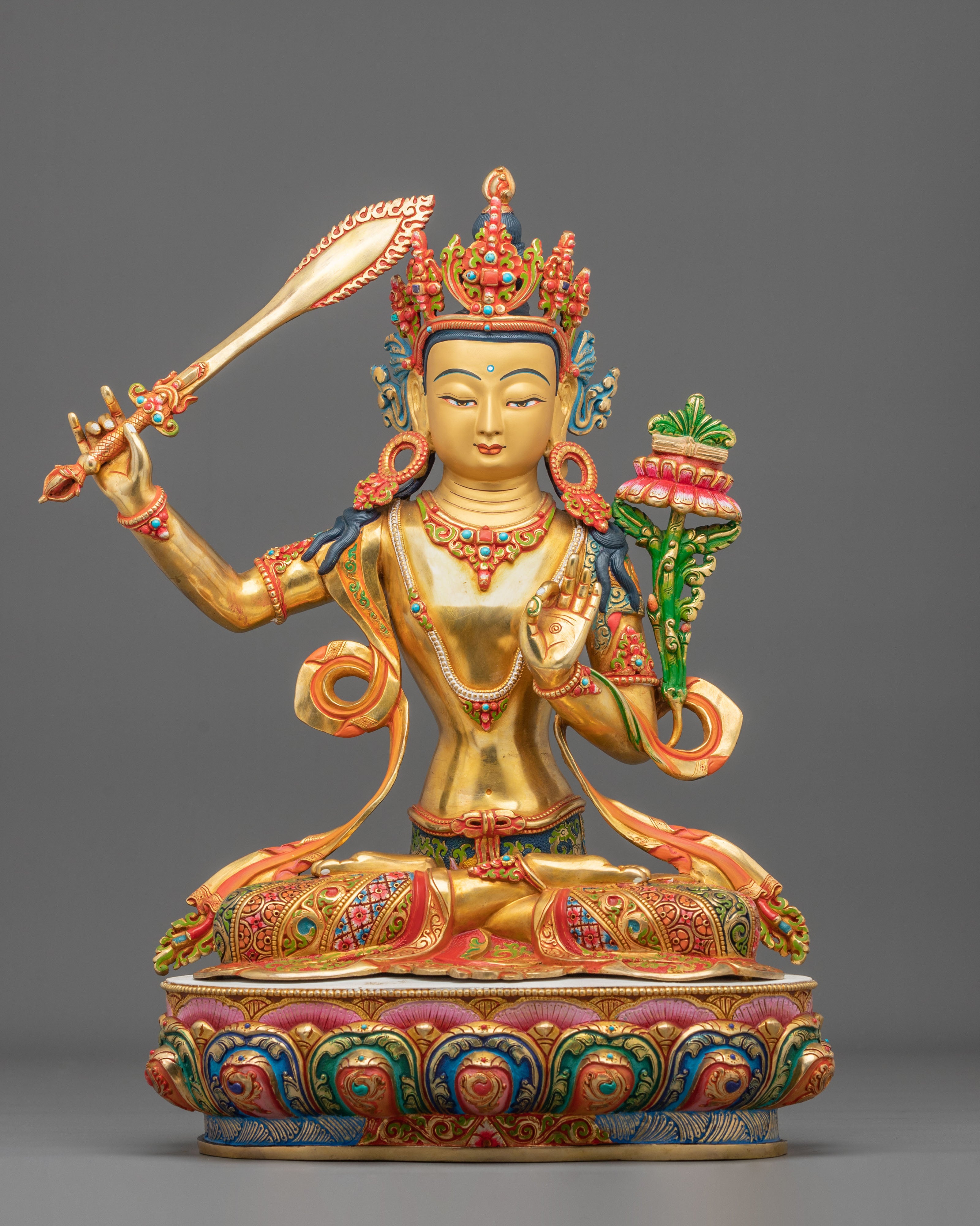 Manjushri 24K Gold Gilded Copper Statue: Wisdom Embodied