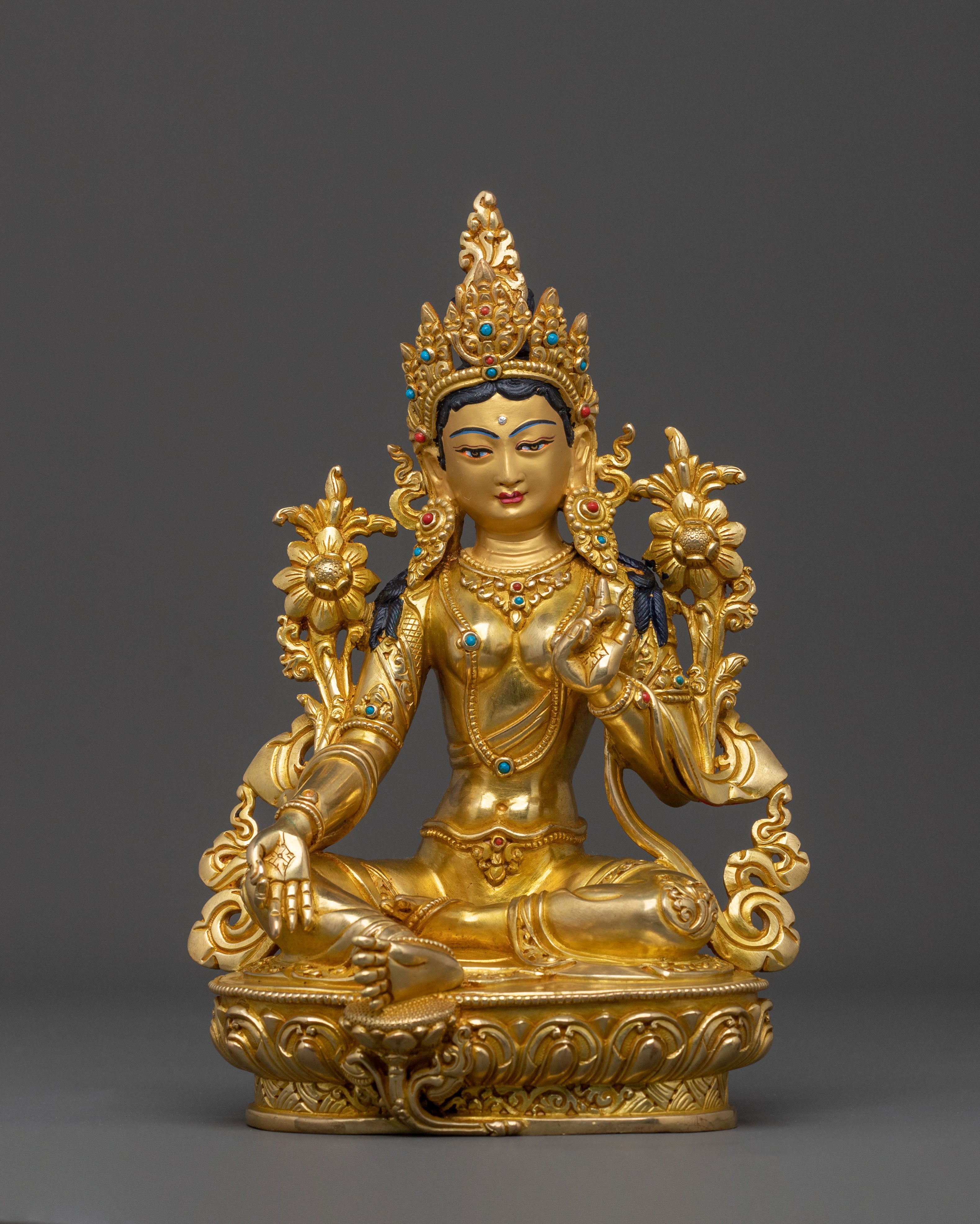 Handcrafted Green Tara Figure with 24K Gold Gilding
