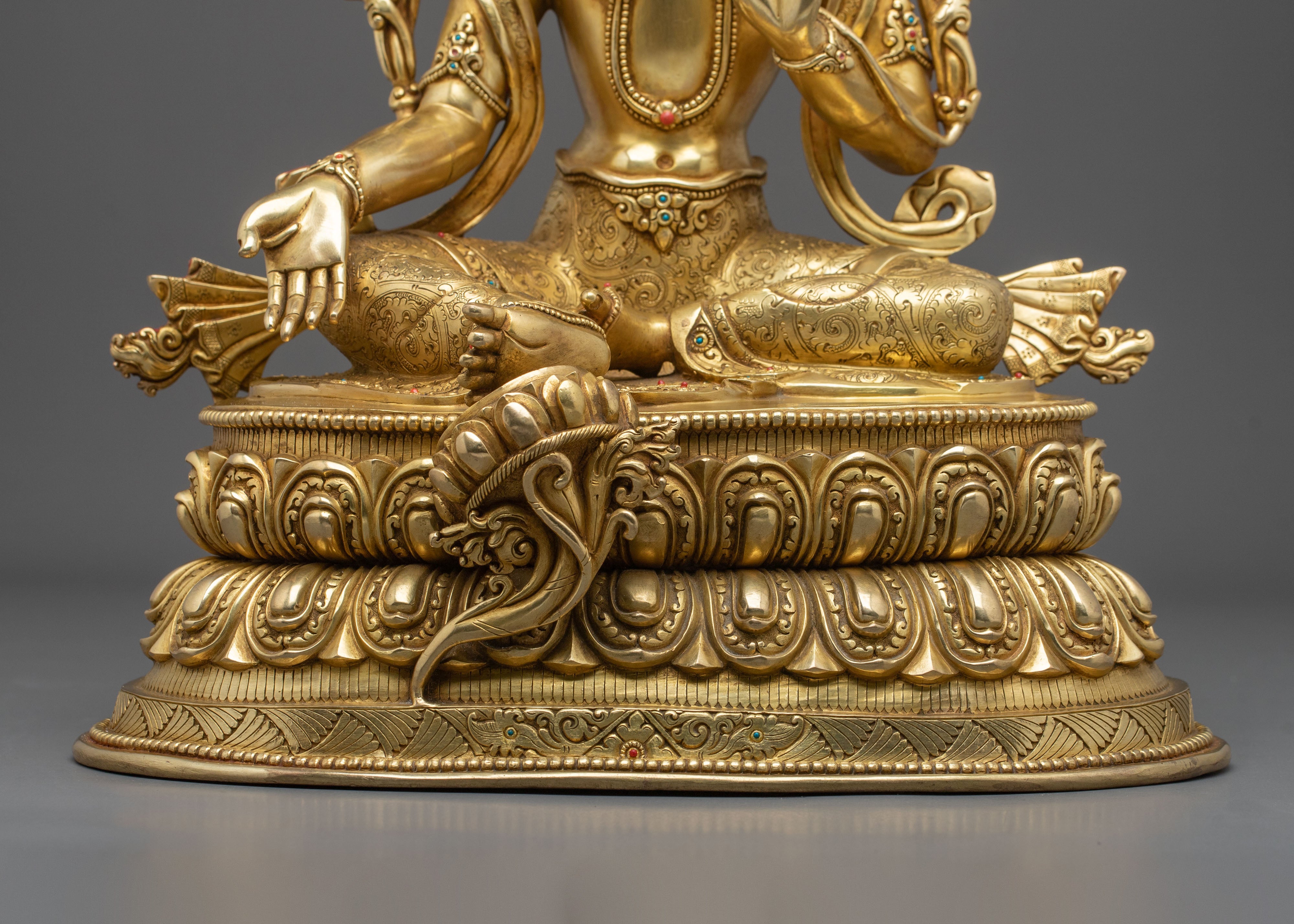 16-Inch Sacred Green Tara 24K Gold Gilded Copper Gemstone Statue