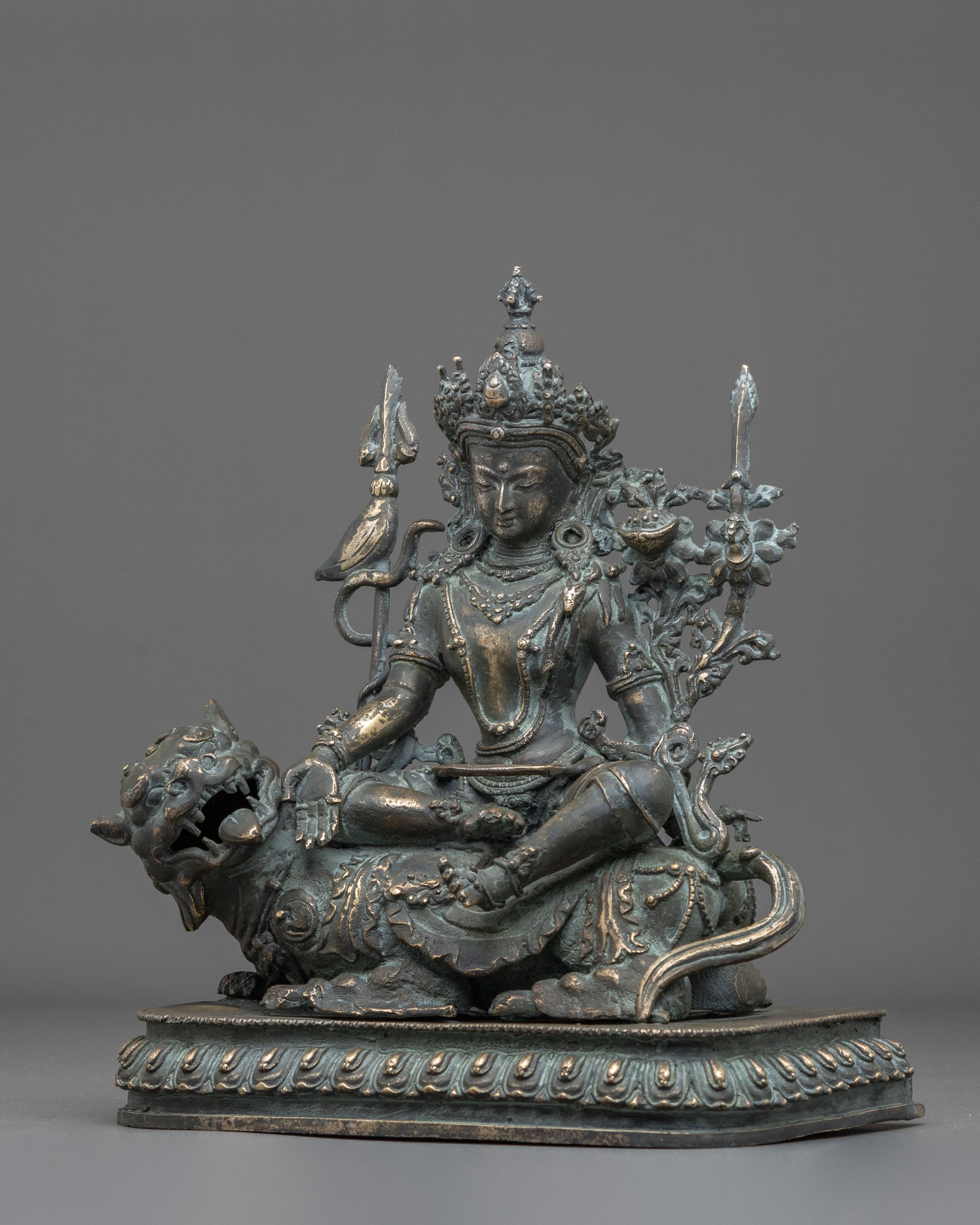 Simhanada Manjushri Copper Sculpture | Antique Finish