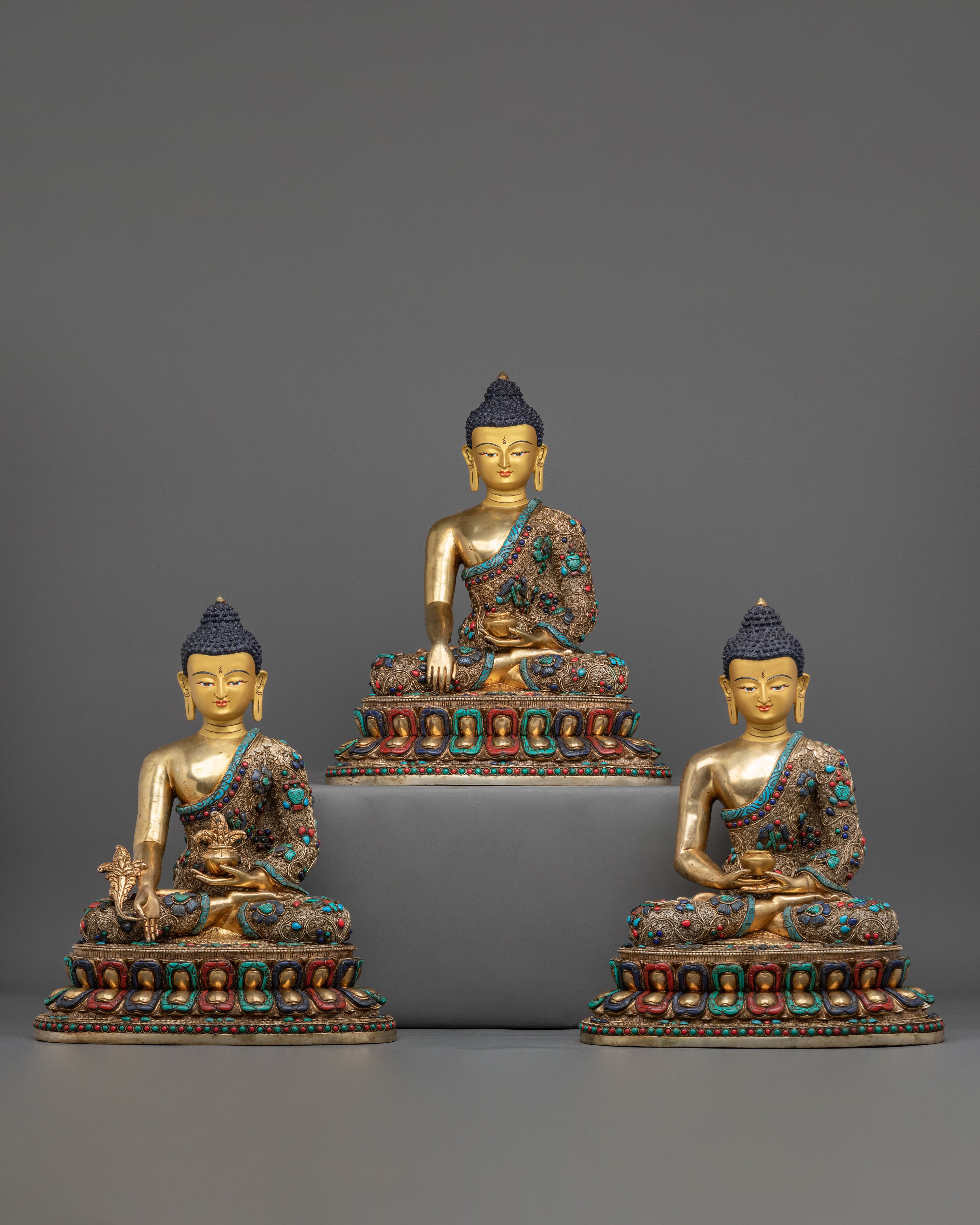 Tibetan Handcrafted Three Buddhas Statue Set with 24K Fire Gold Gliding