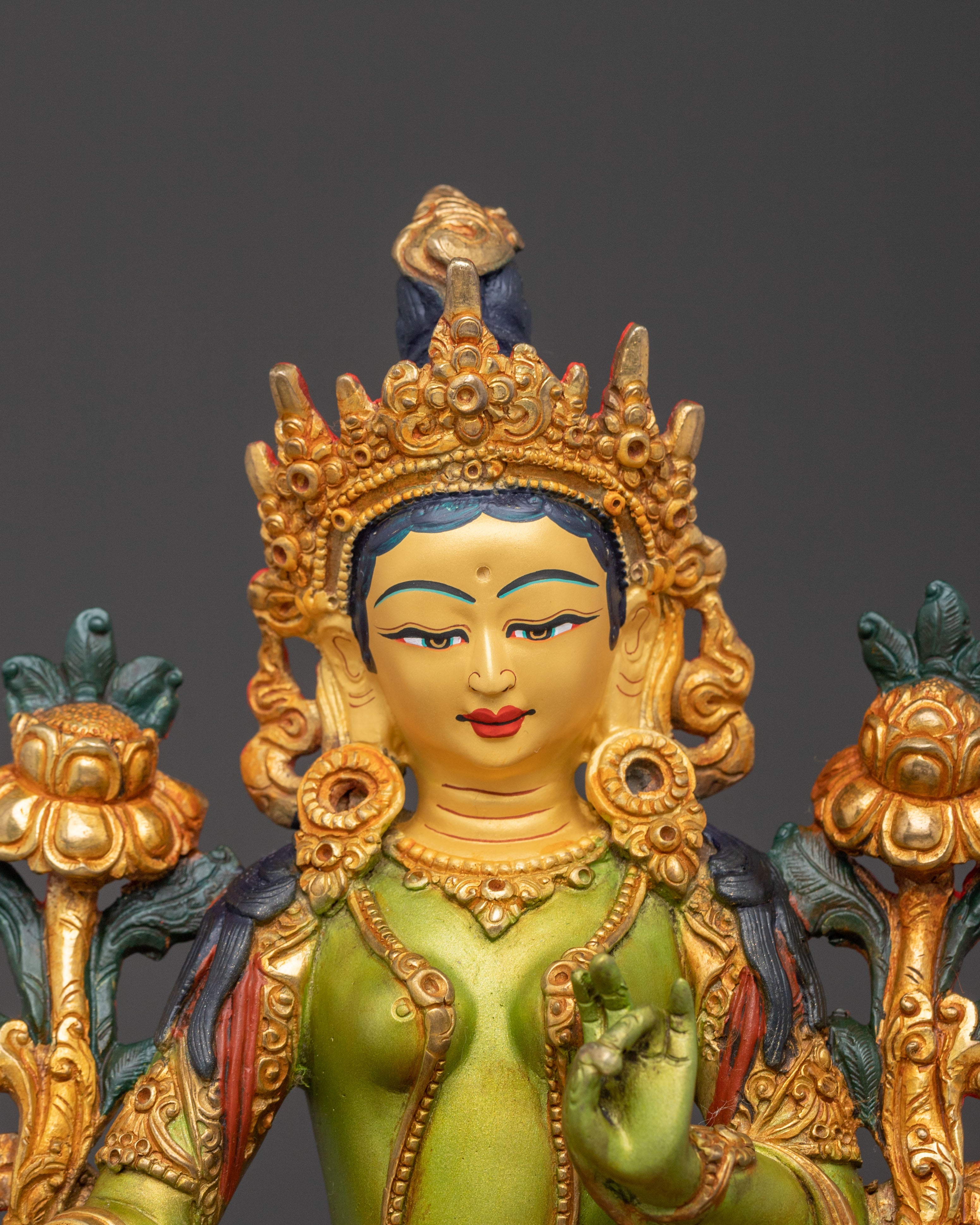 2k Gold Gilded Green Tara Statue - Sacred Buddhist Art