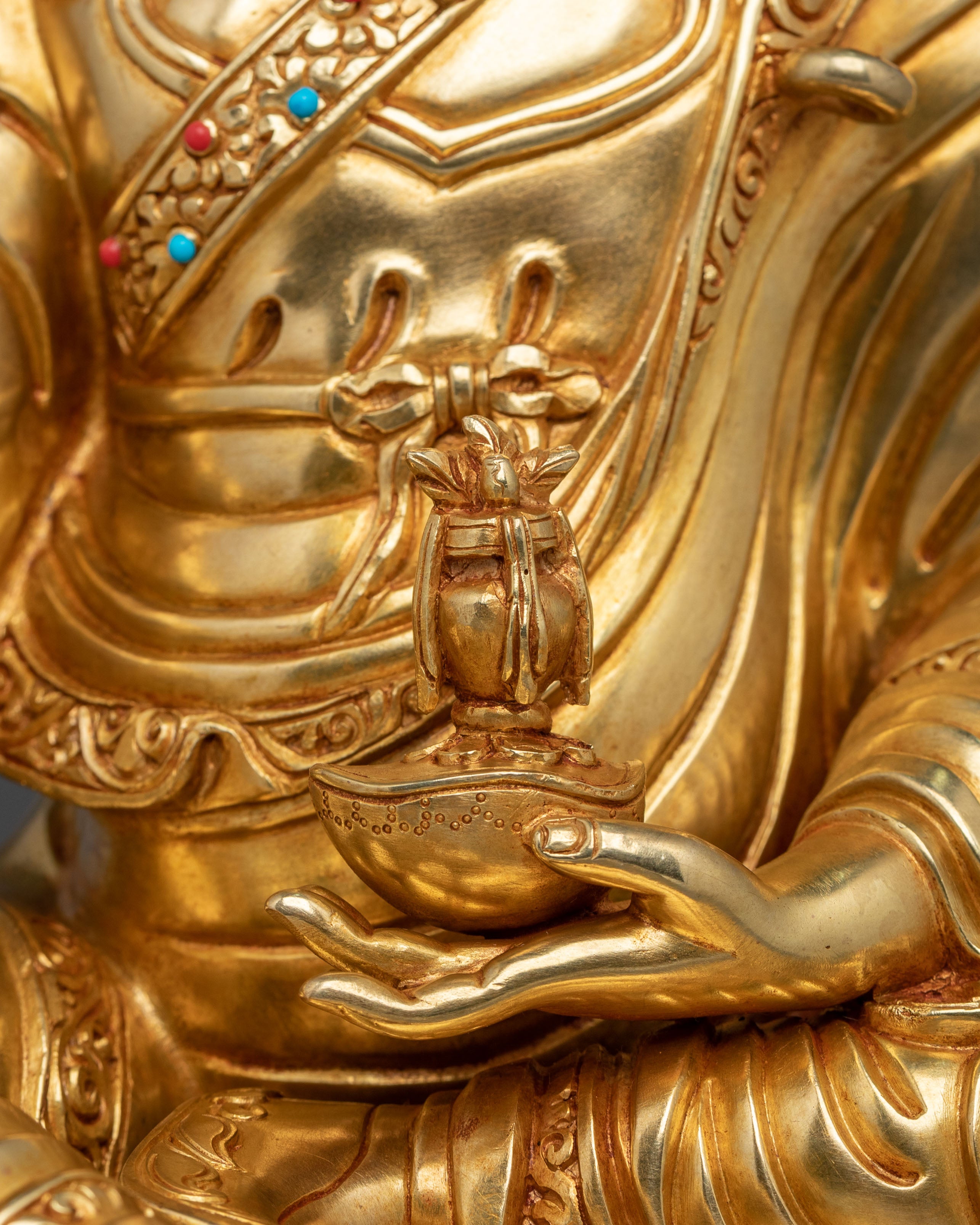Buddhist Precious Figurine of Guru Rinpoche in Glimmering 24K Gold