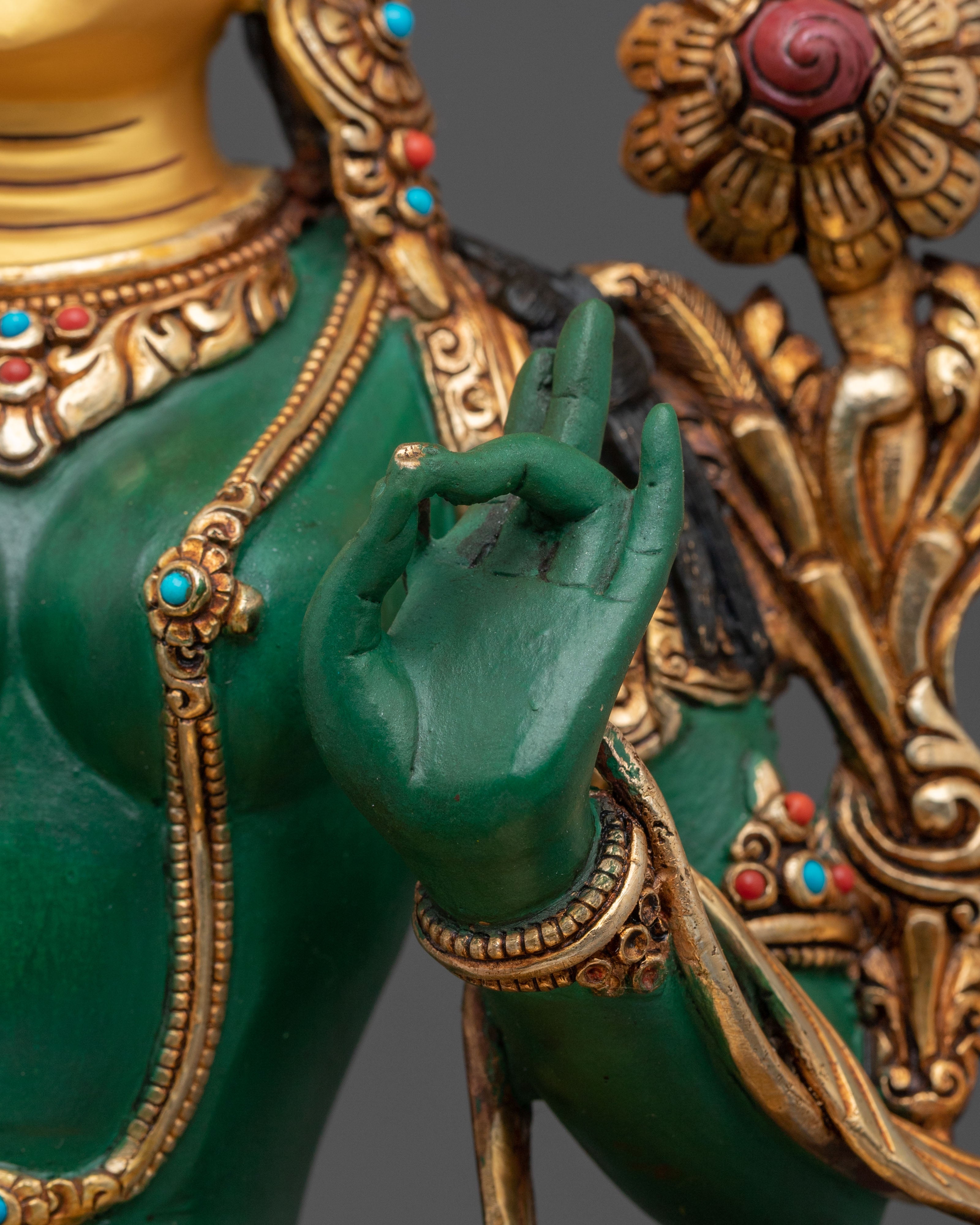 Green Tara Statue | Divine Compassionate Figurine in 24K Gold