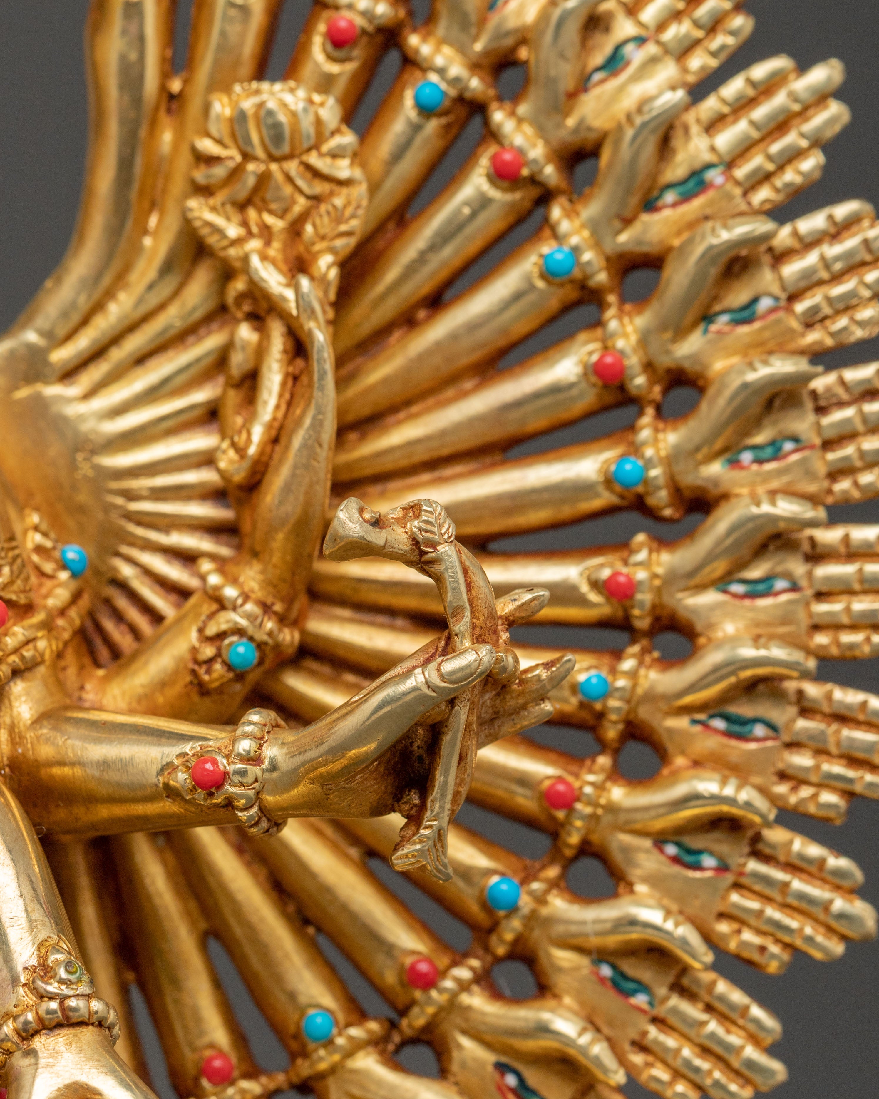 1000 Armed Chenrezig Statue | 24k Gold Glided with Gemstone Inlay
