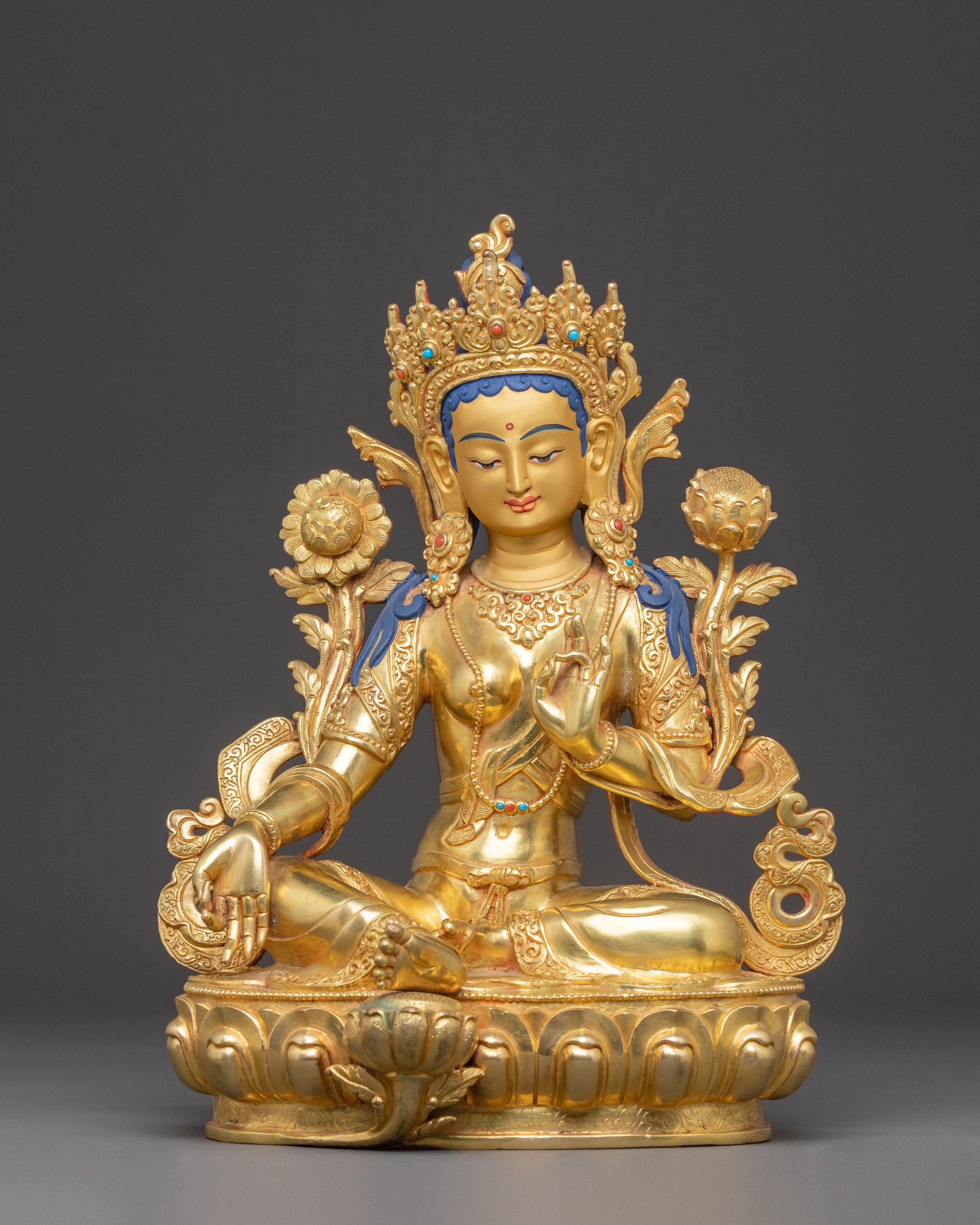 Green Tara Compassionate Statue – 24K Gilded Copper Art