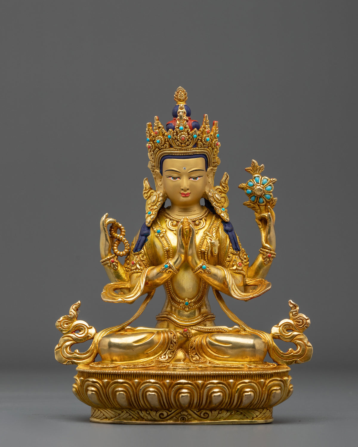 Hand Carved Four Armed Chenrezig Spiritual Sculpture