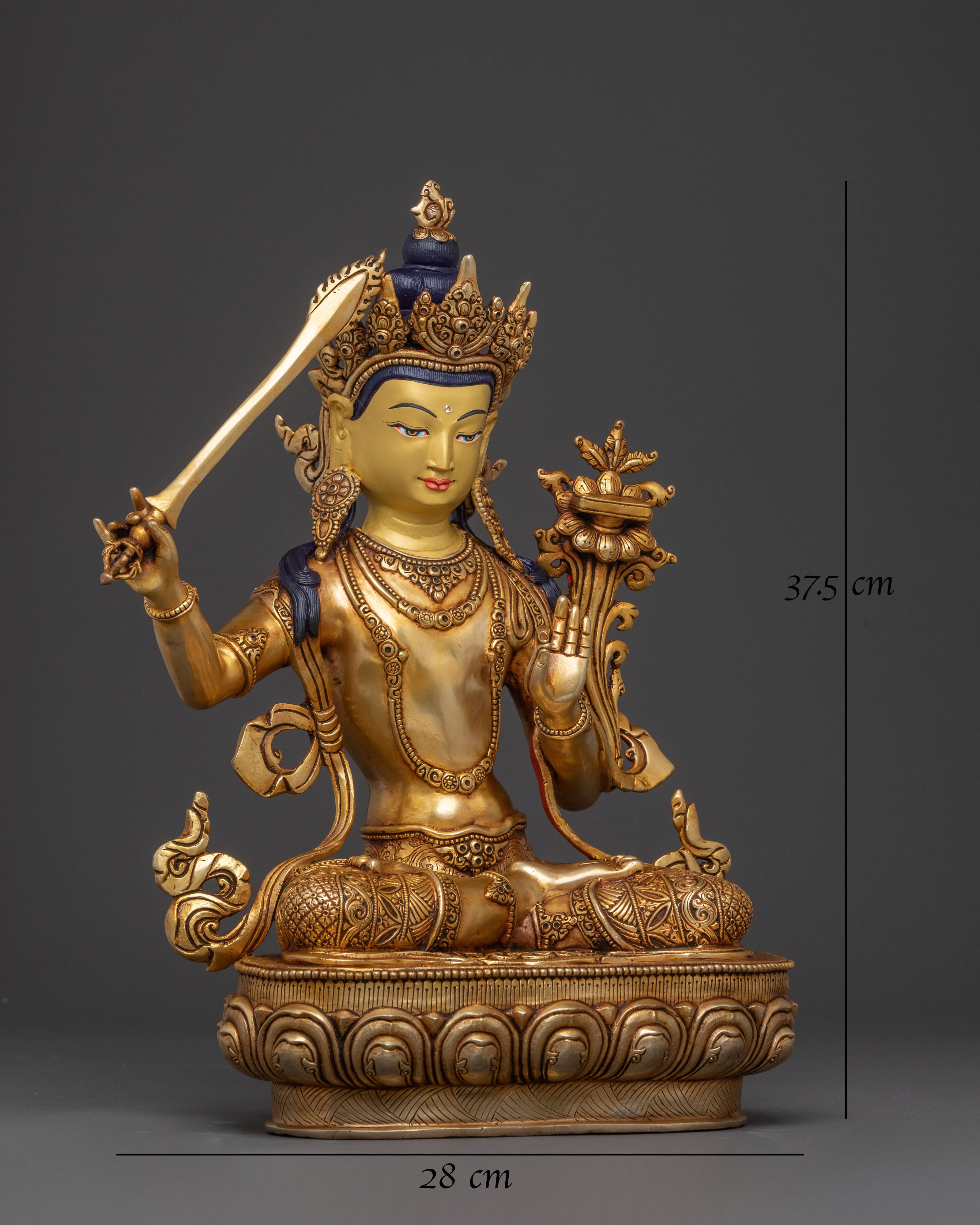 Manjushri: Radiant 24K Gold Gilded Statue of Wisdom Bodhisattva Manjughosa