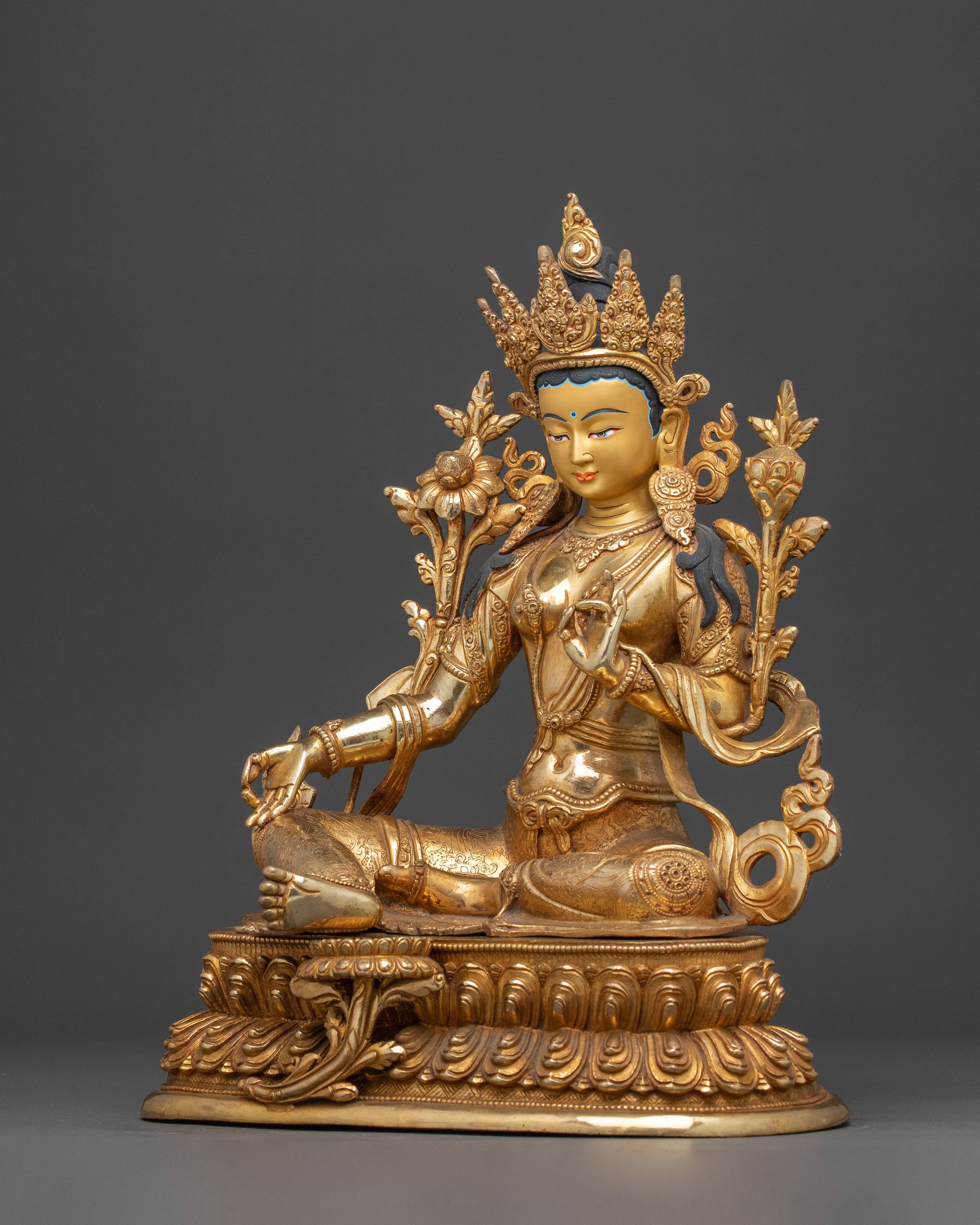 Sacred Compassion Goddess Green Tara Statue – 24K Gilded Radiance