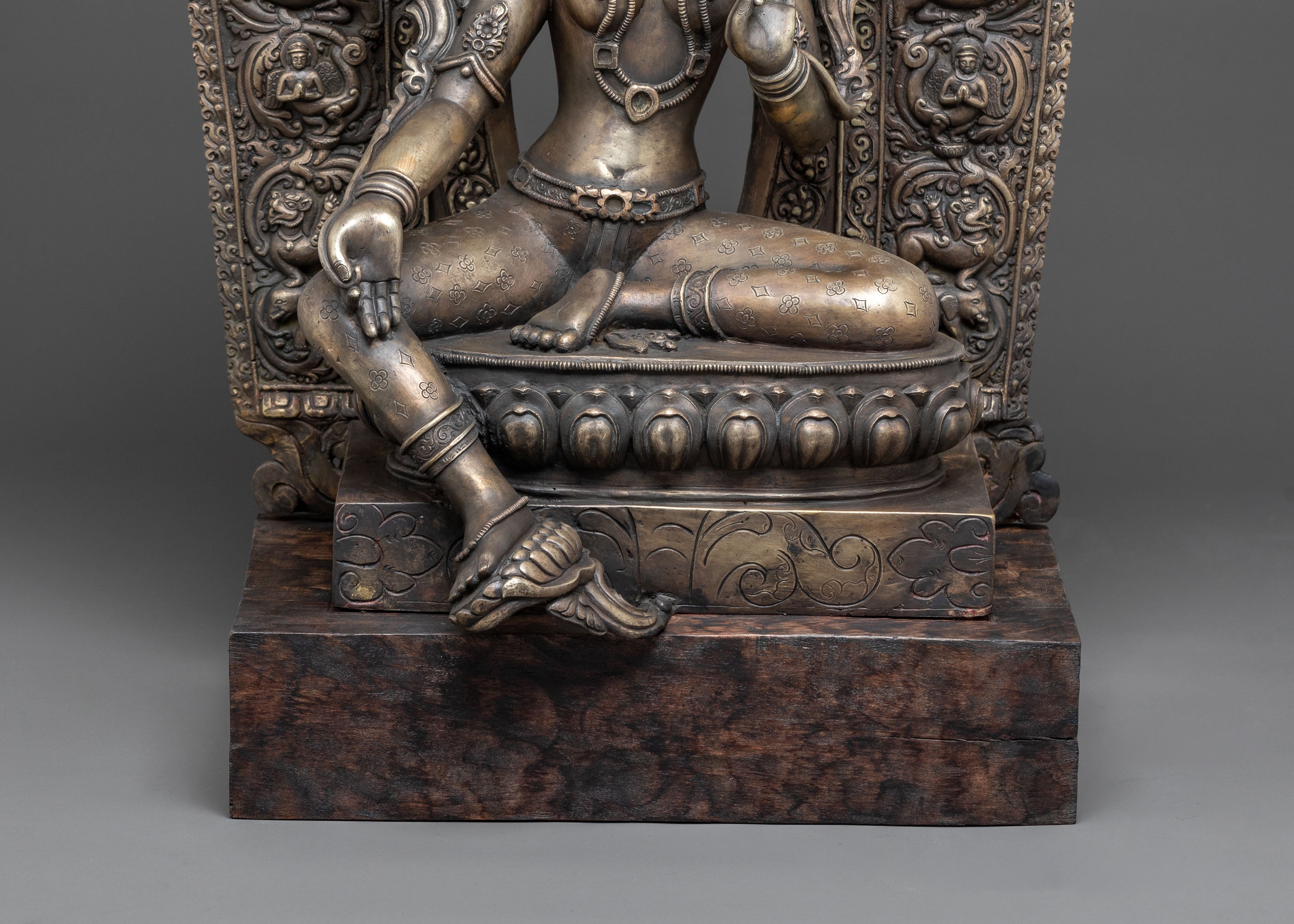 Green Tara Statue | Bronze Figure with Wooden Base