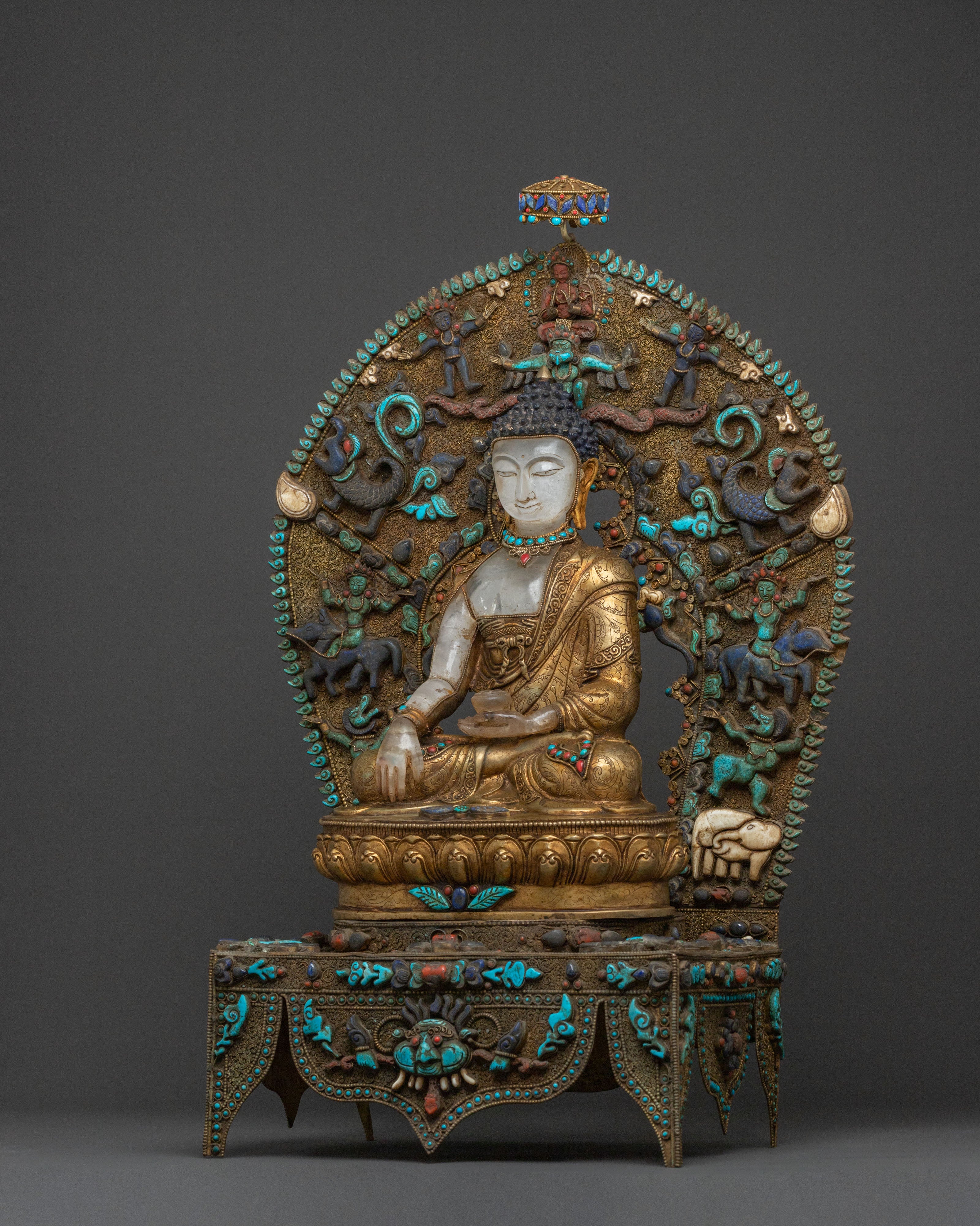 Shakyamuni Buddha On Throne Handcrafted Statue