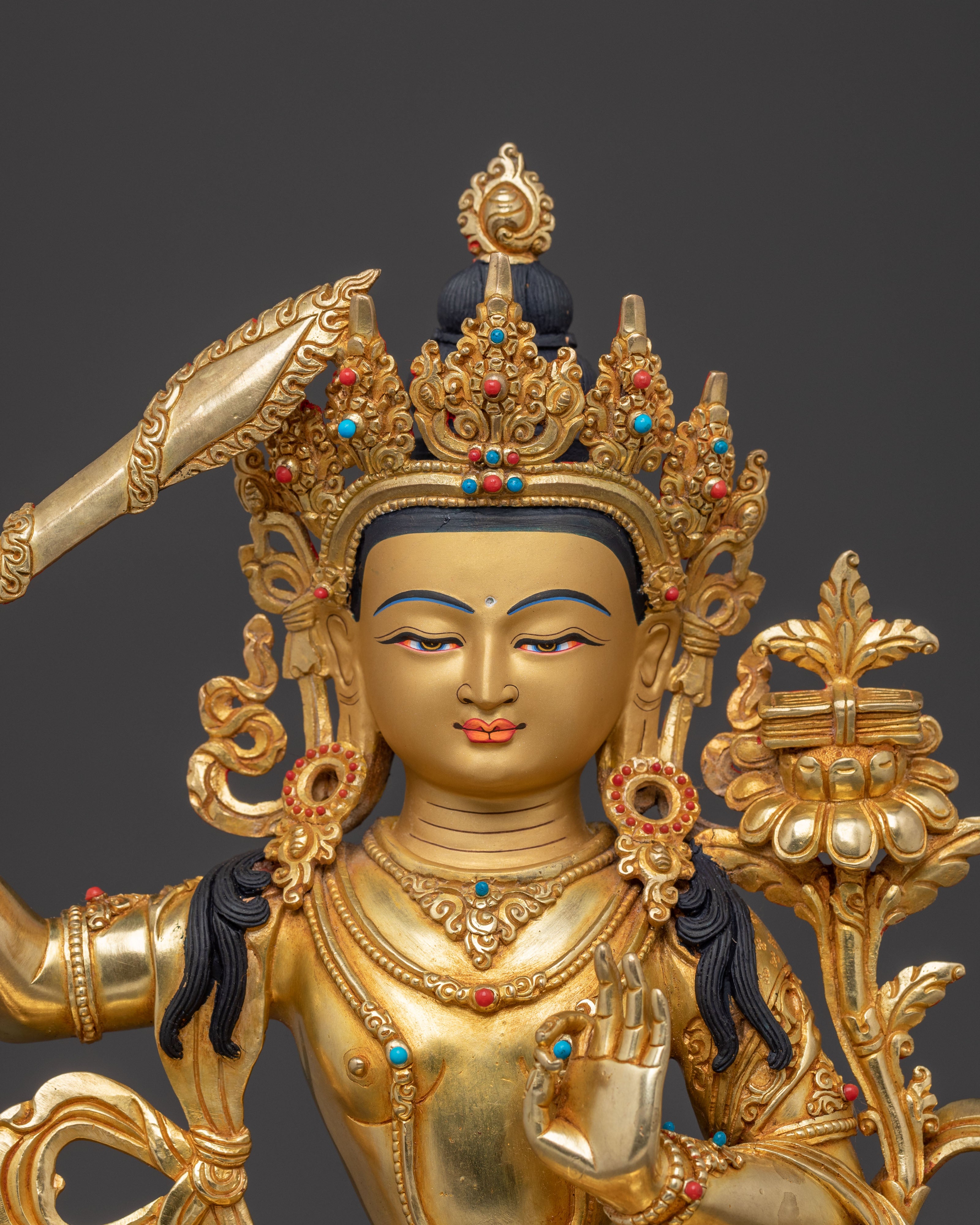 Bodhisattva Manjushri Handcrafted Statue: 24K Gold Gilded