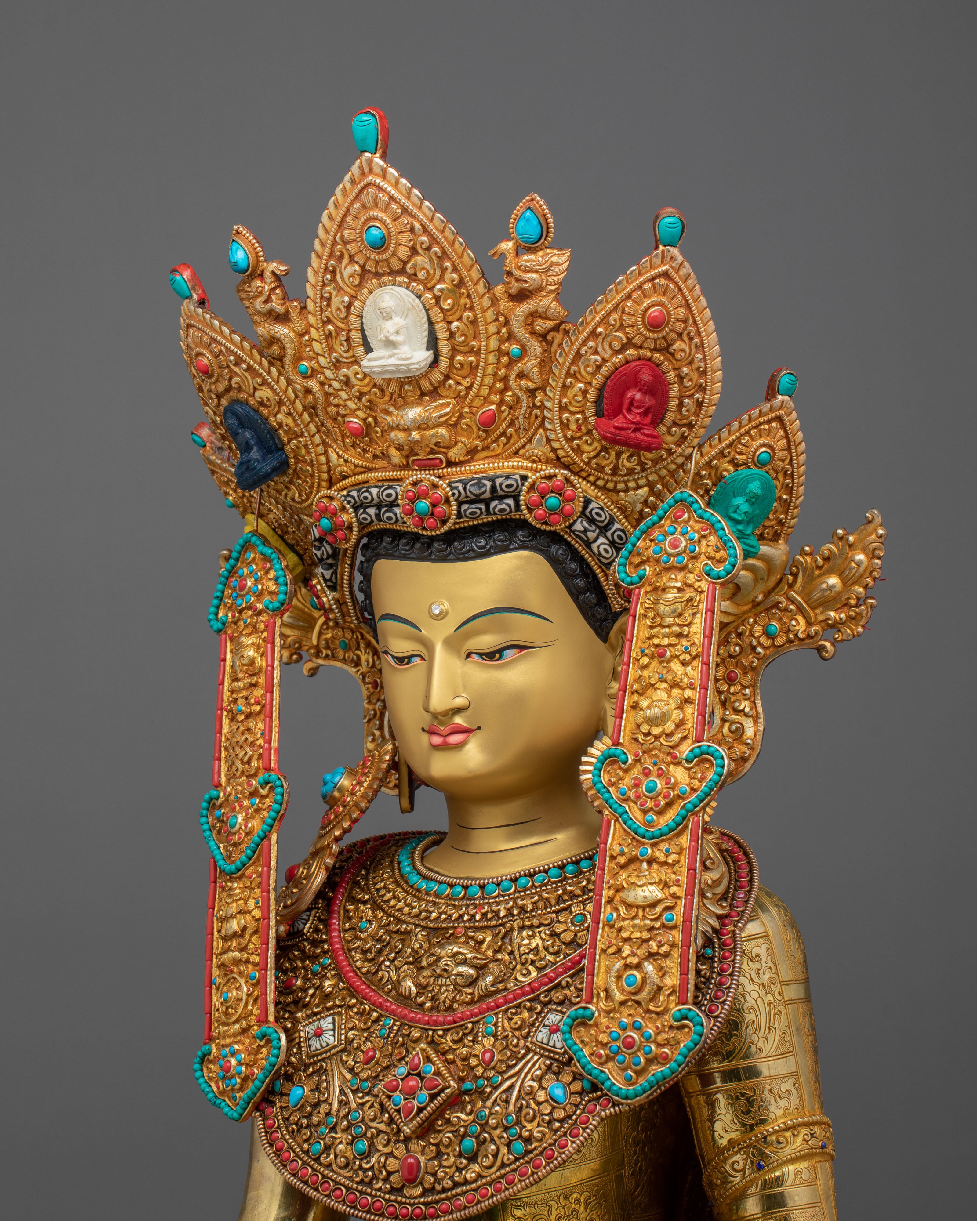 Crown Shakyamuni Buddha Sculpture | 24K Gold Gilded Figurine