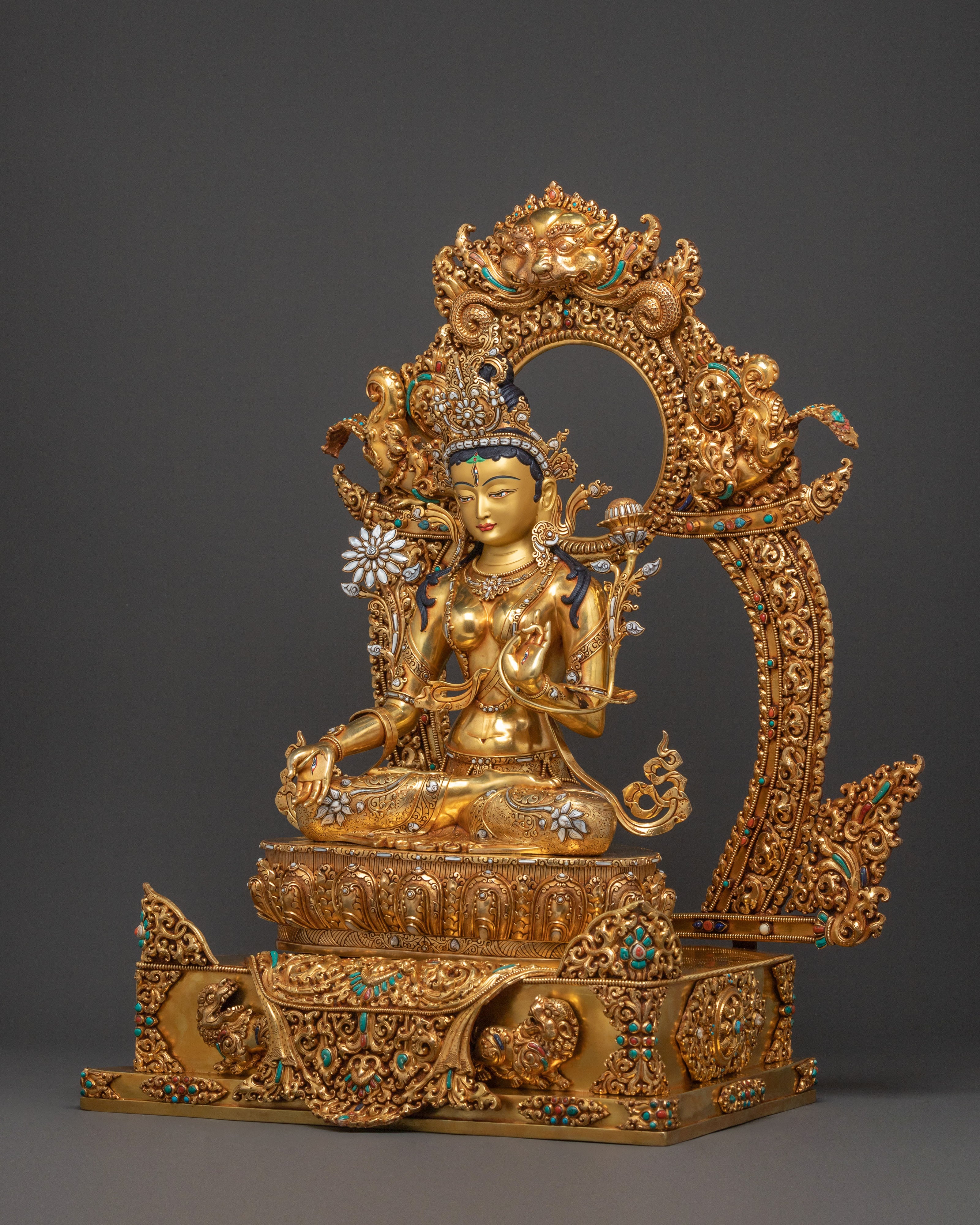 Exquisite 24K Gold Gilded White Tara Statue Seated on Throne