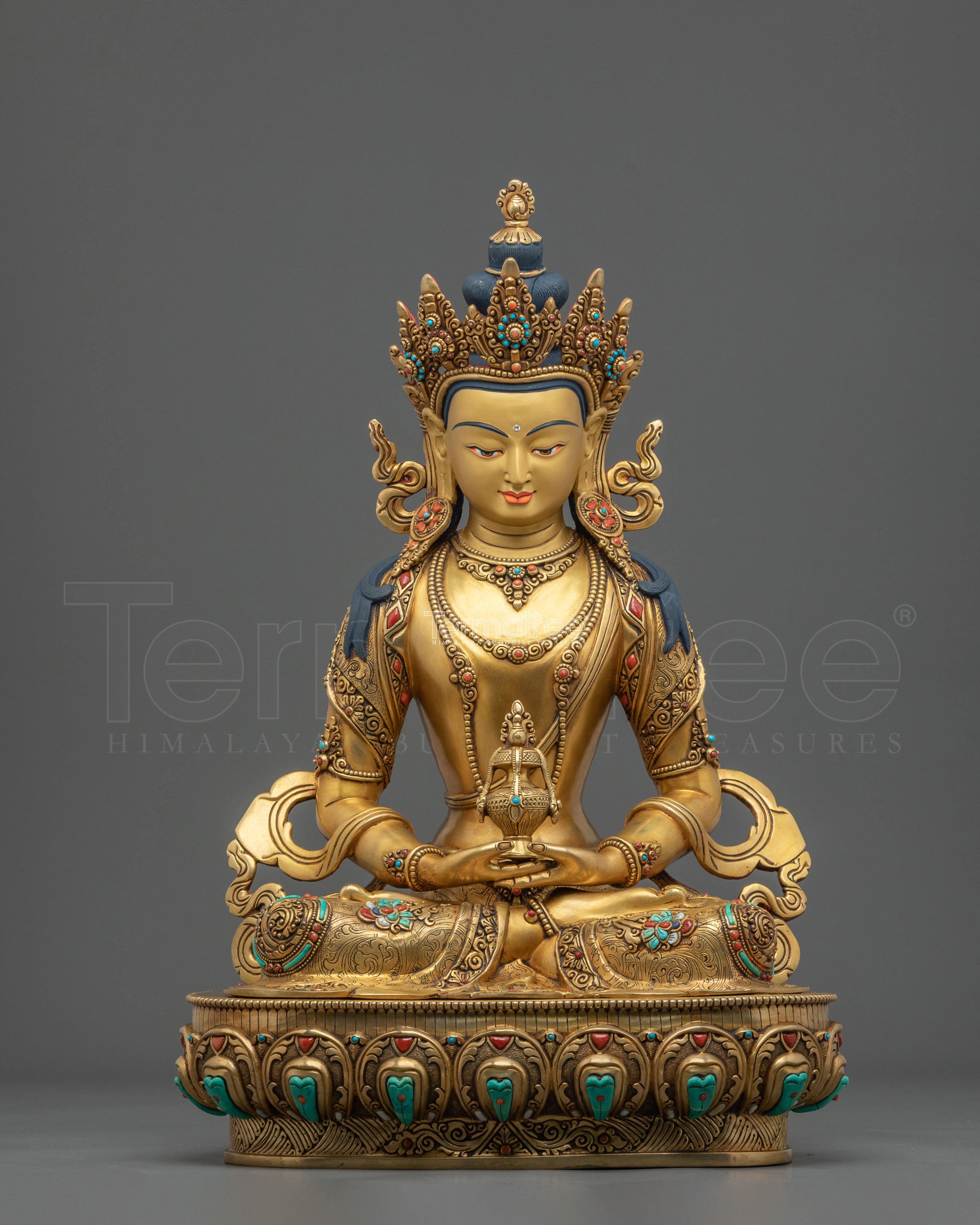 24K Gold Gilded Copper Amitayus Statue with Gemstones | Buddha of Infinite Life