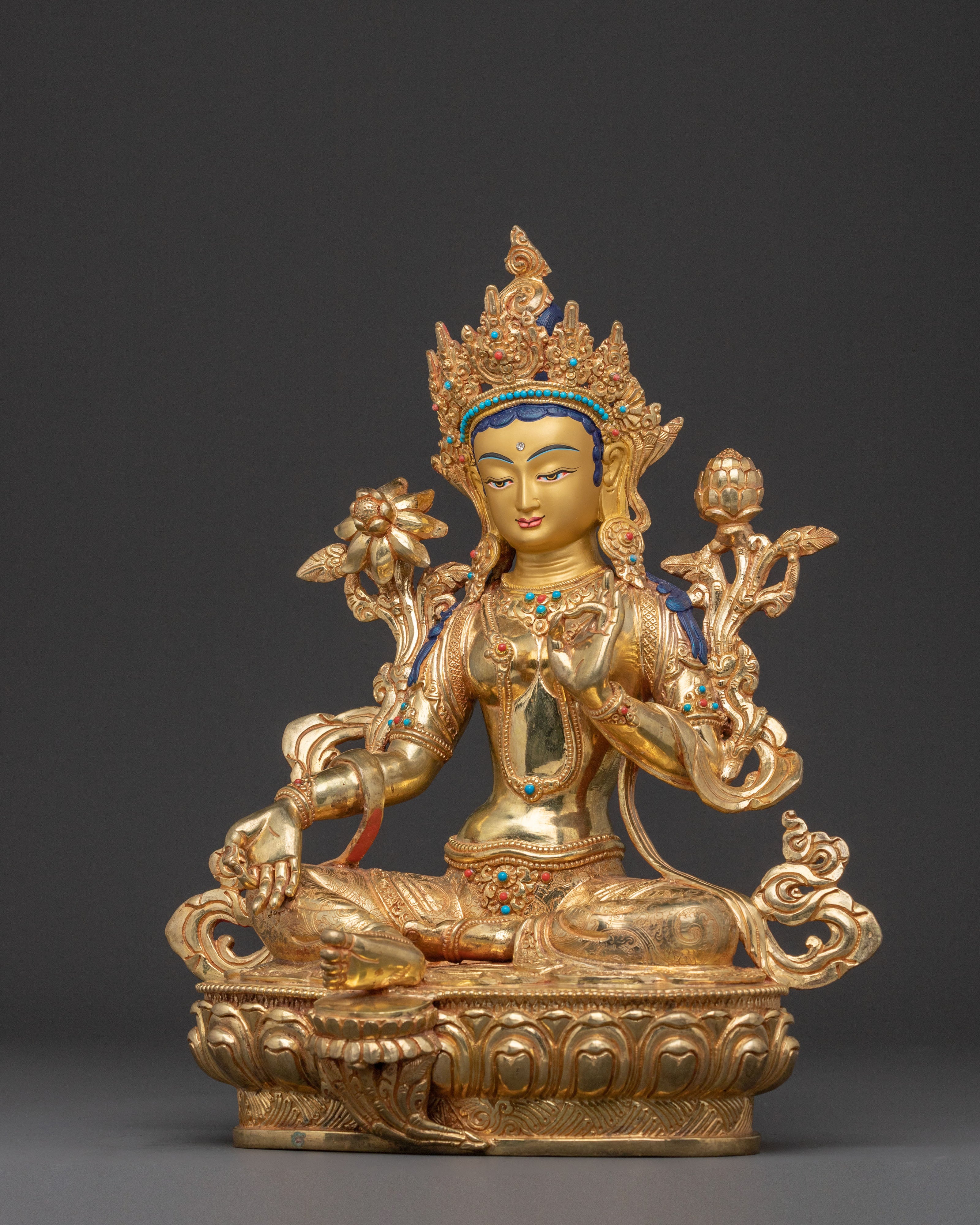 Green Tara Statue: Radiant 24K Gold Gilded Sculpture