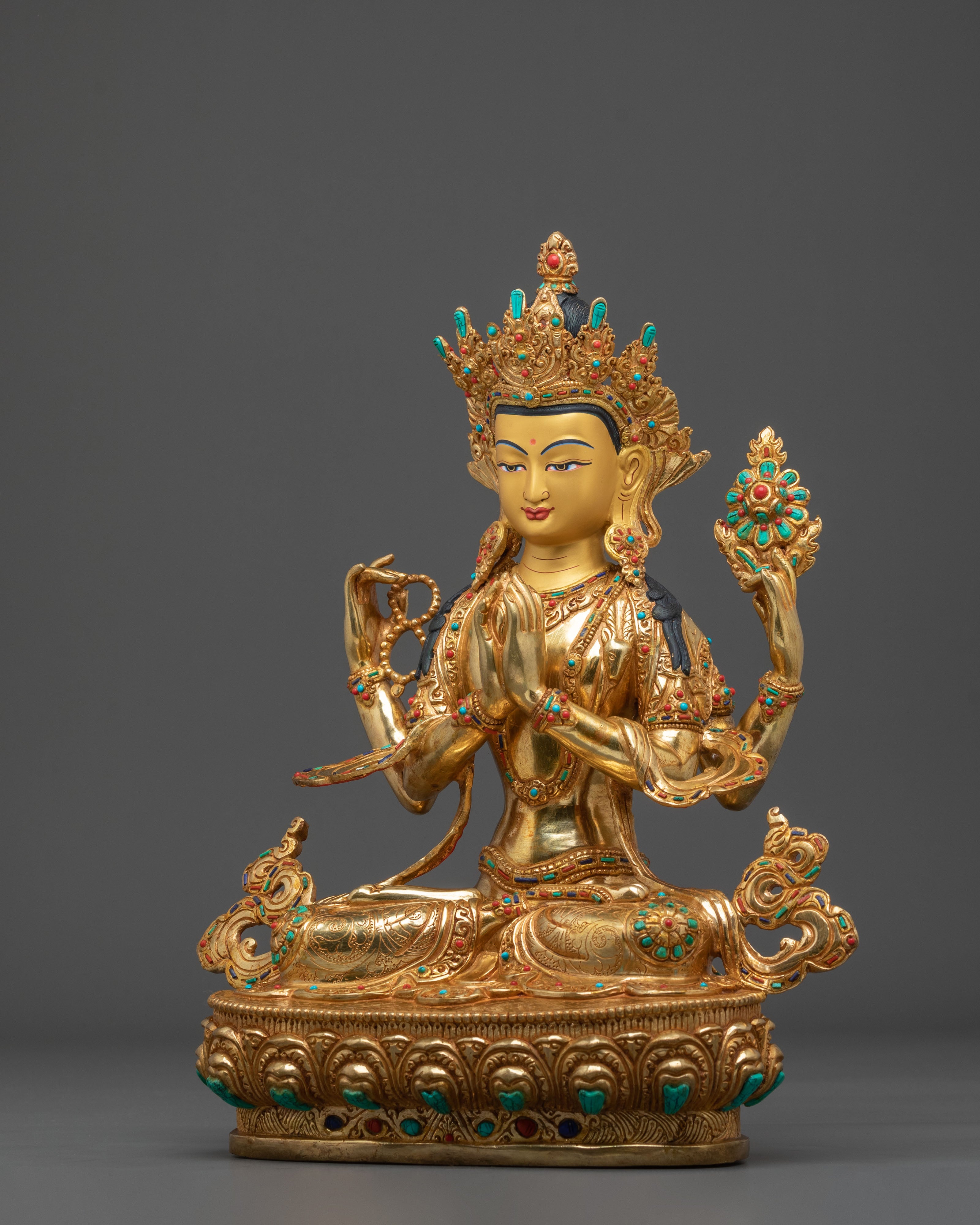 Radiant 24K Gold Gilded Chenrezig Statue: Bodhisattva of Compassion