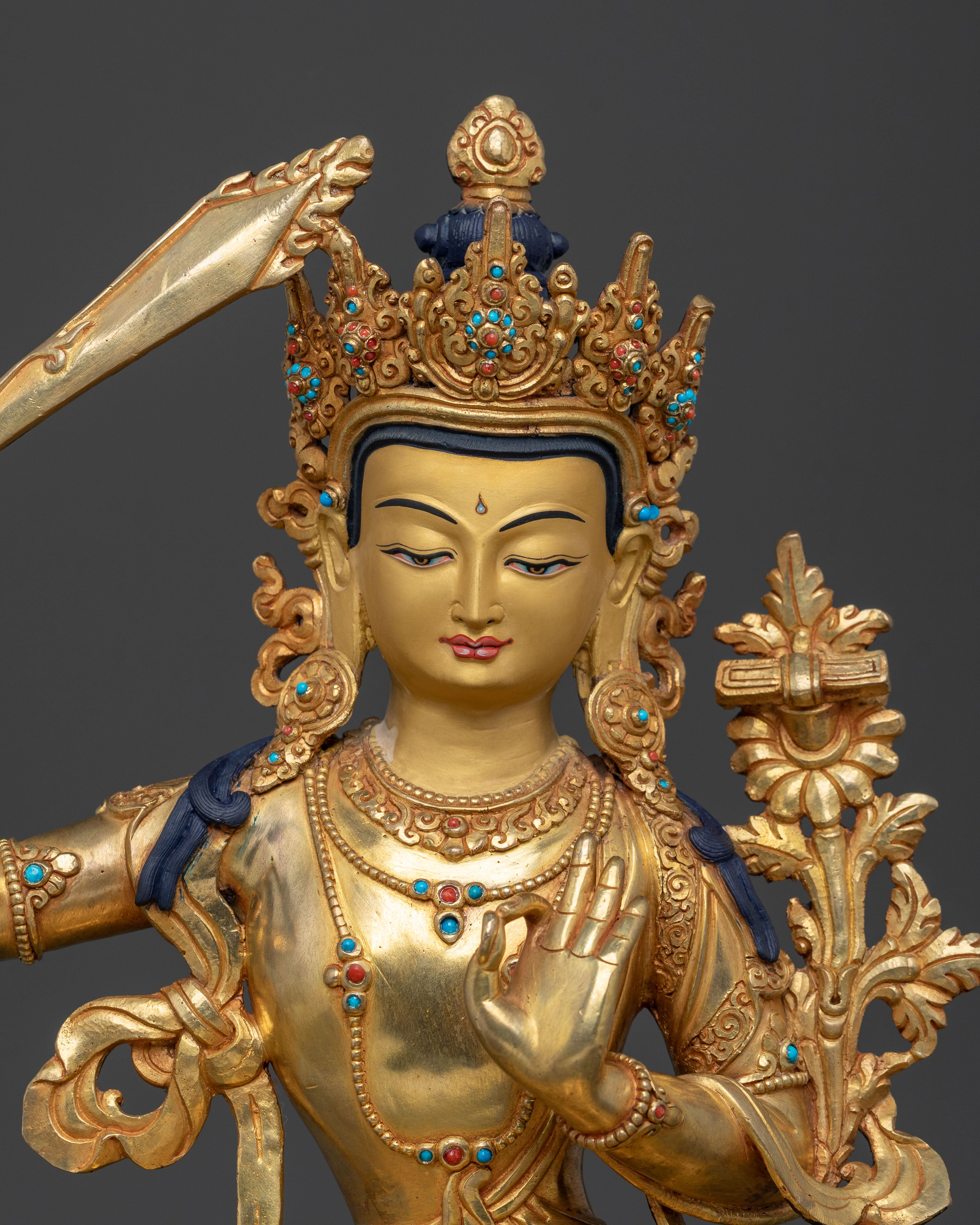 24K Gold Gilded Manjushri Sculpture: Sword of Wisdom