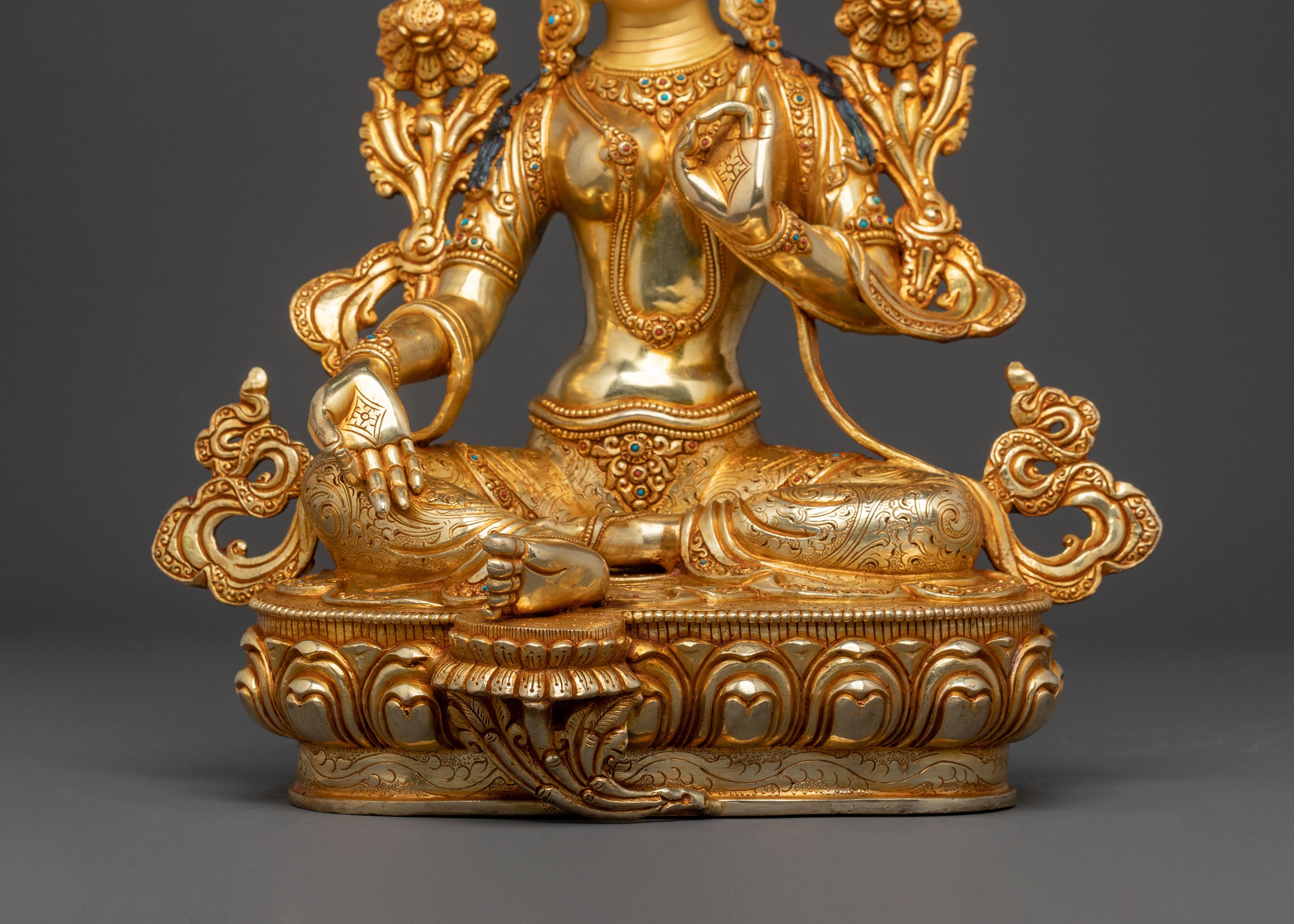 Green Tara Statue: 24K Gold Gilded Buddhist Protector