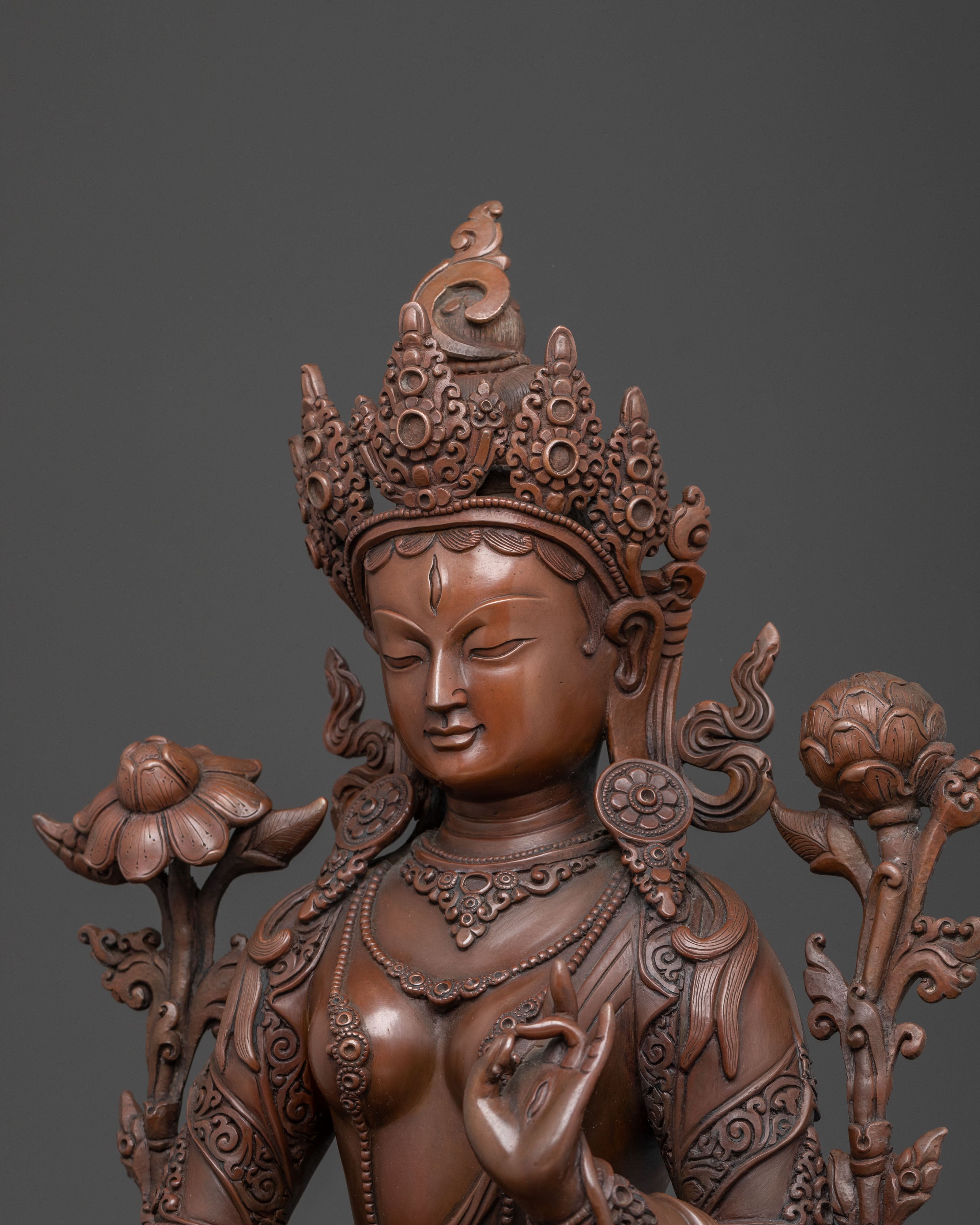 Handcrafted Copper Statue of White Tara: Serene Oxidized Finish