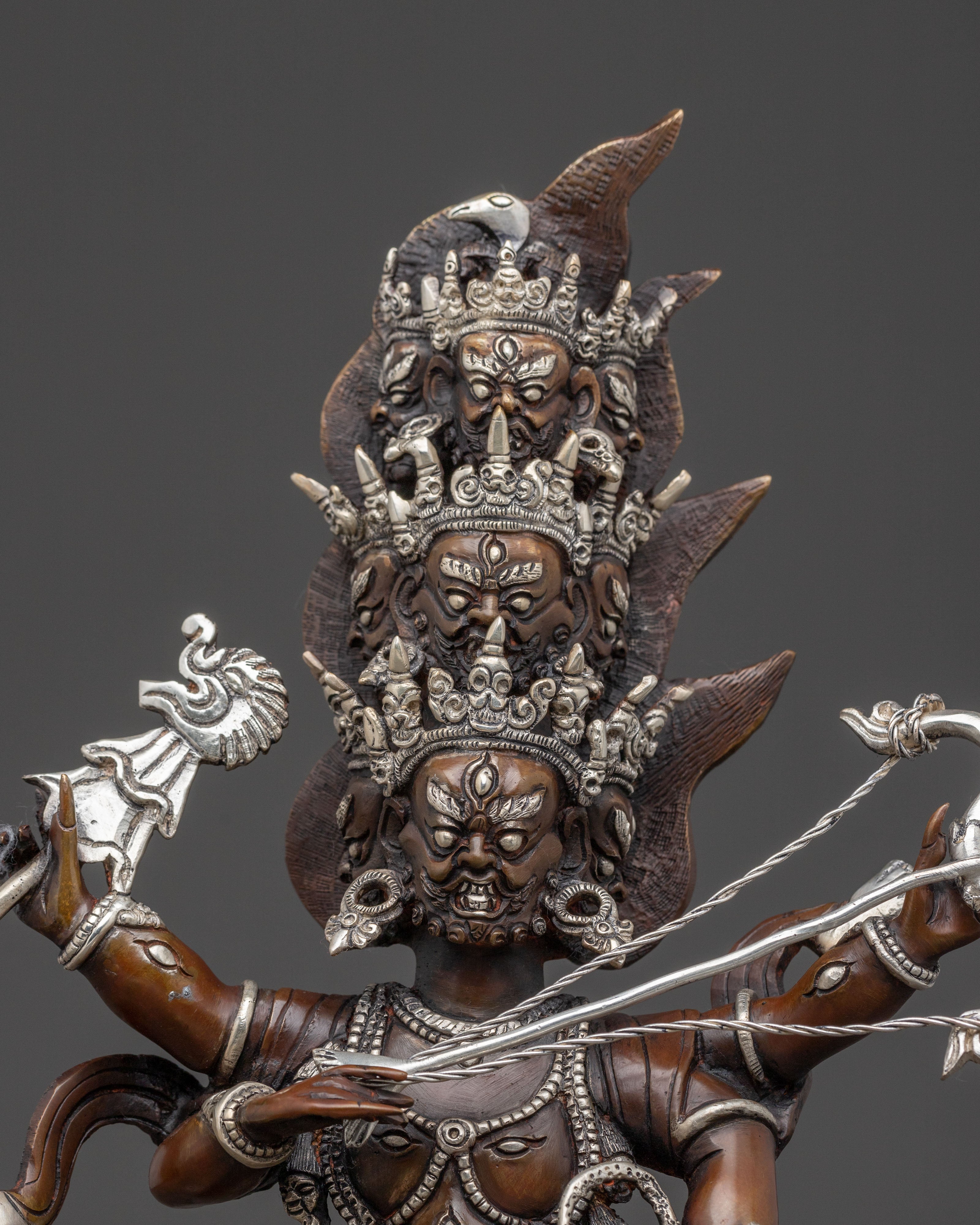 Three Nyingma Protectors Blessing Statue - Oxidized Silver Plated Statue