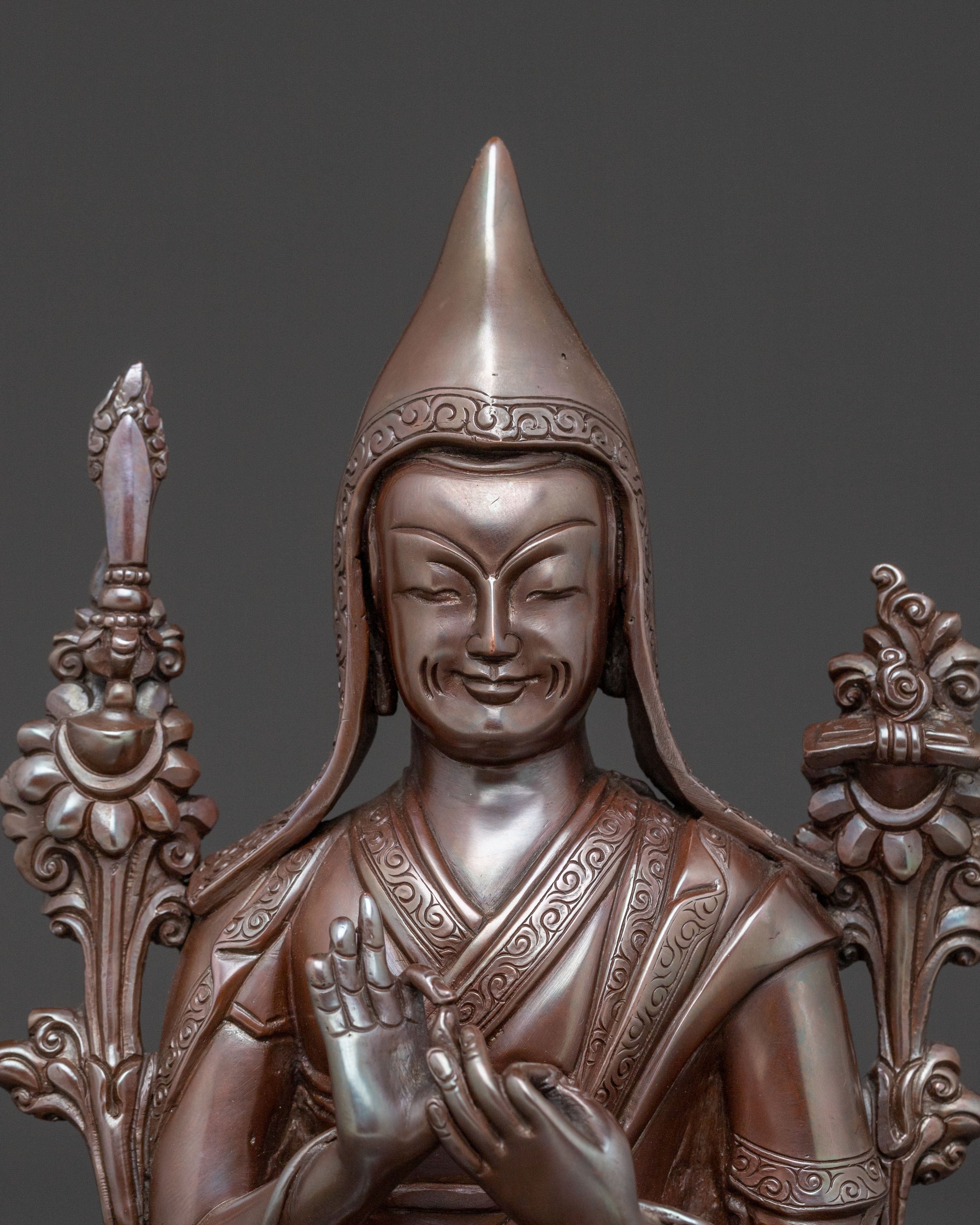 Tsongkhapa Copper Statue with Disciples: Oxidized Finish