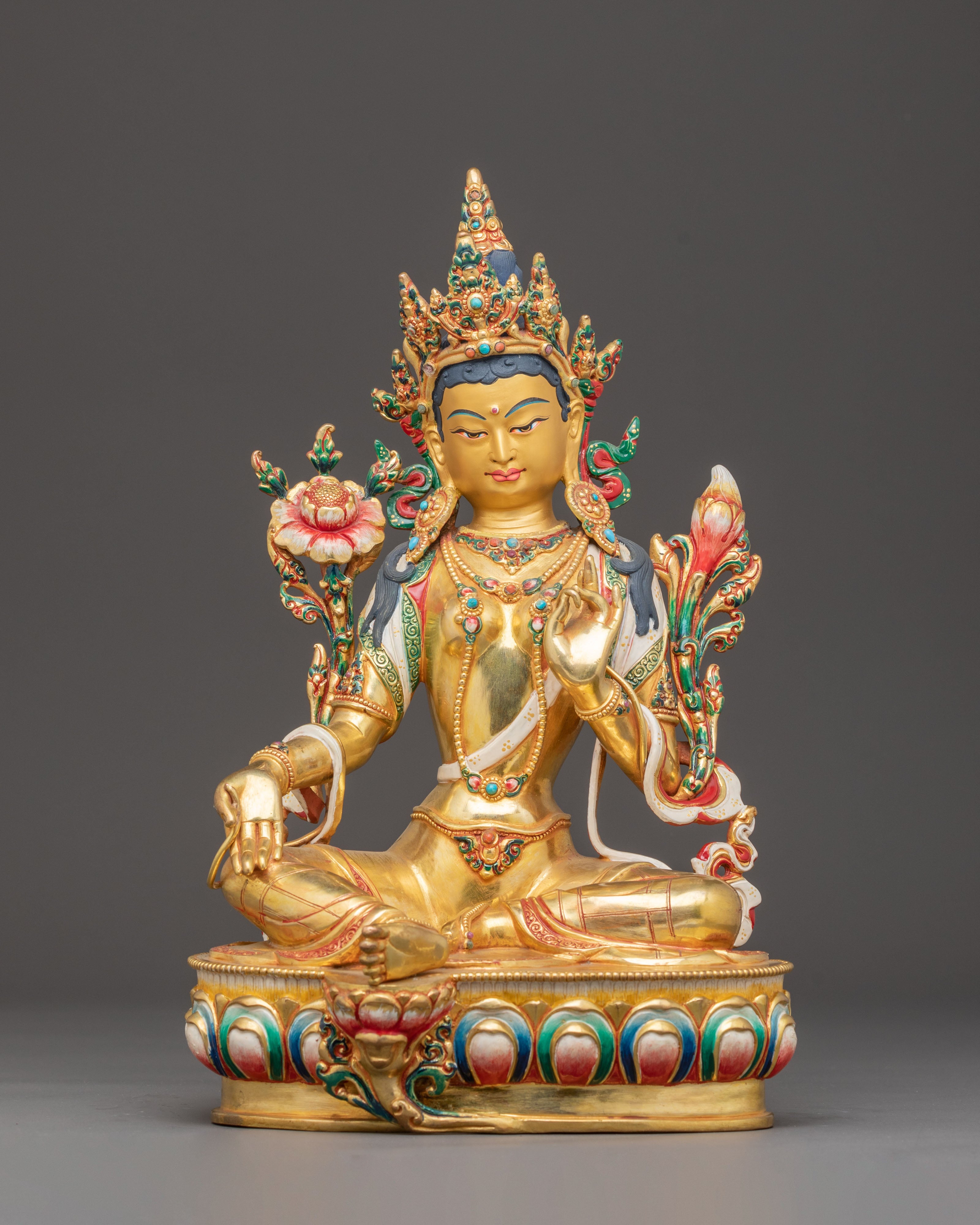 Handmade 24k Gold Glided Statue of Green Tara | Compassion Goddess