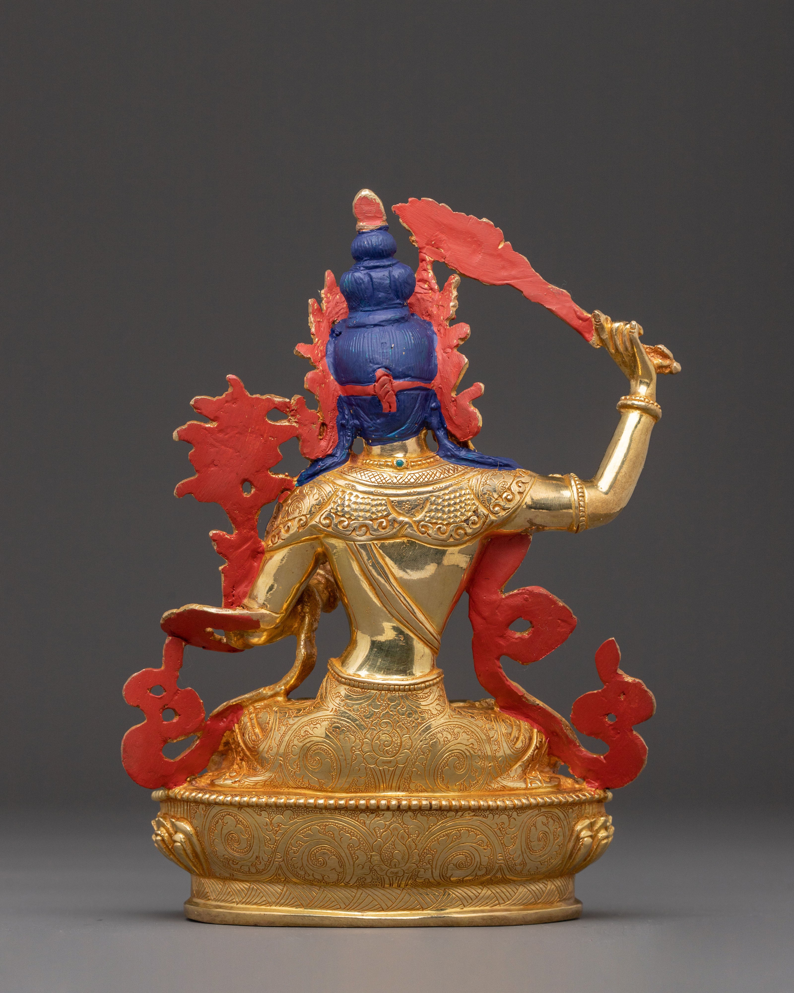 Handcrafted Manjushri Sacred Statue – Gilded Copper & Gemstone Art