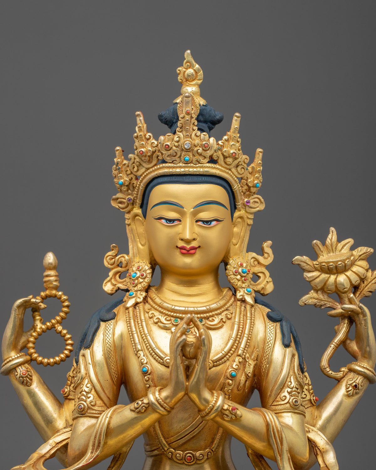 Handmade Chenrezig Copper Sculpture | 24K Gold Glided