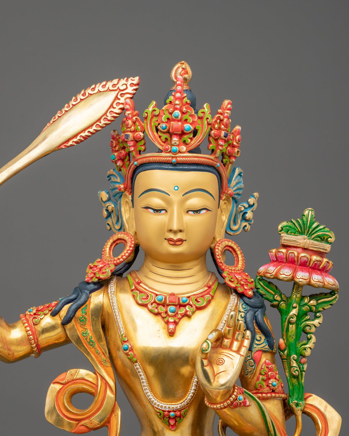 Manjushri 24K Gold Gilded Copper Statue: Wisdom Embodied