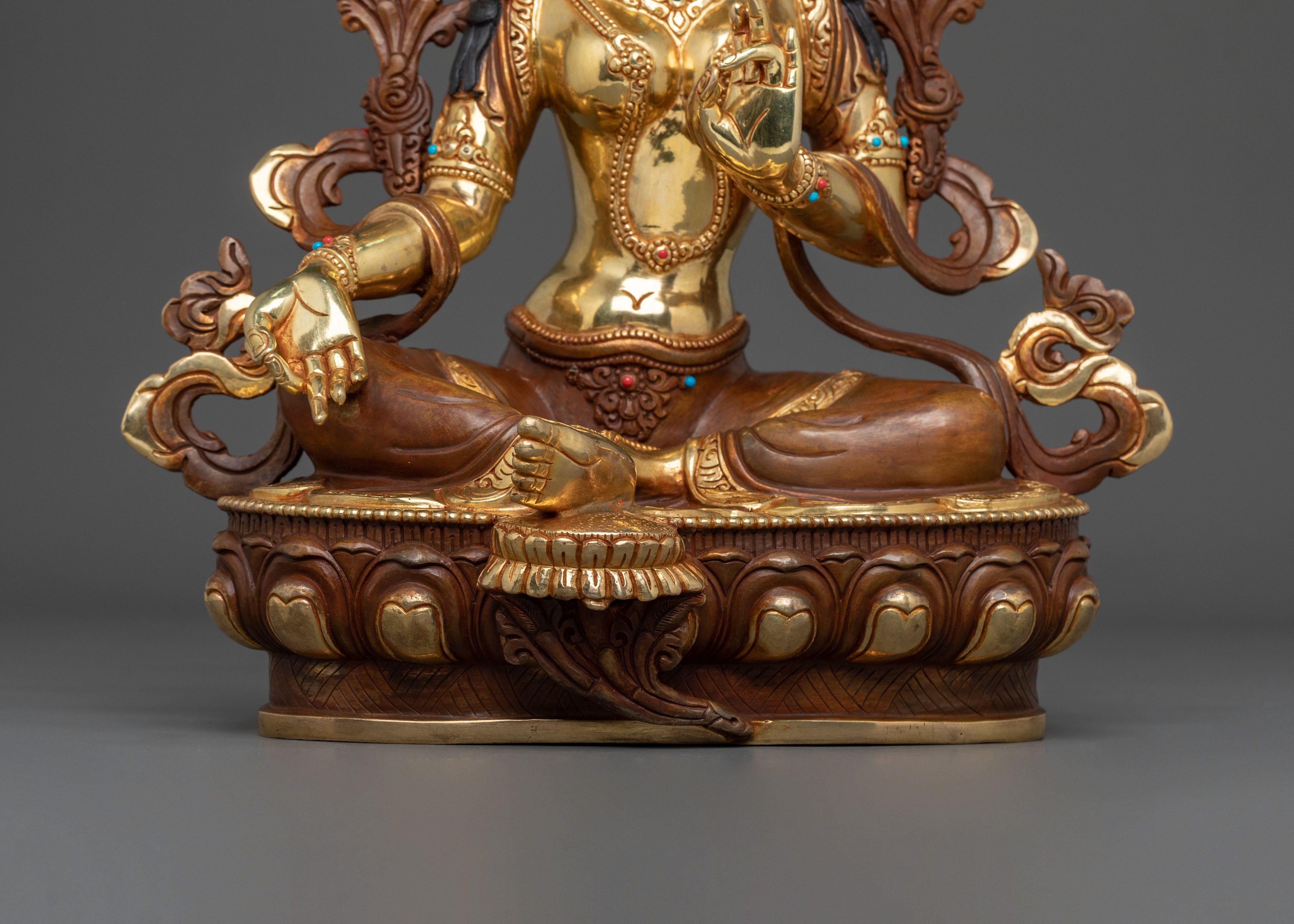 Green Tara Fire Gold Gilded Sculpture | Goddess of Compassion