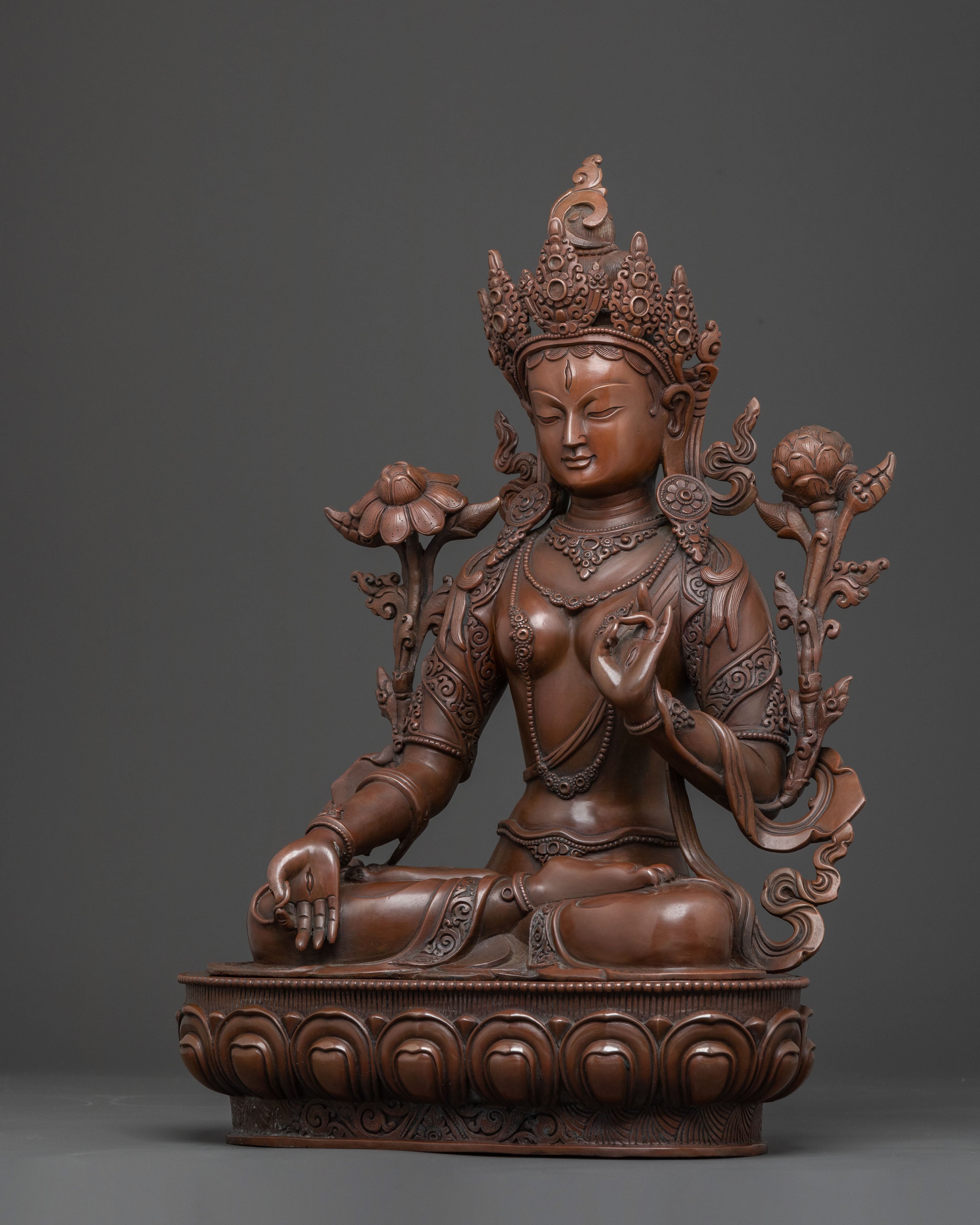 Handcrafted Copper Statue of White Tara: Serene Oxidized Finish