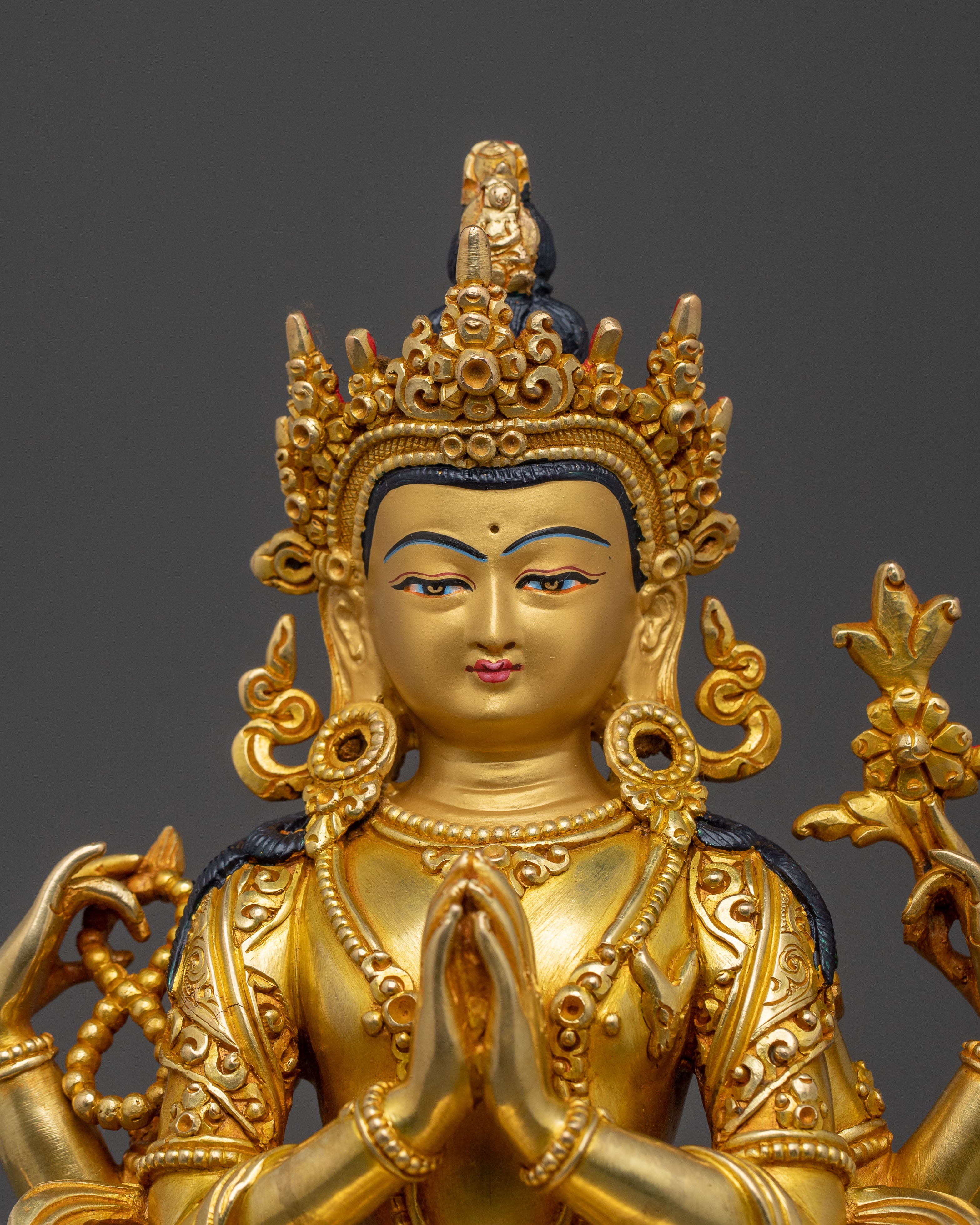 Sacred Chenrezig Four Armed Compassion Statue | 24K Gold Gilded